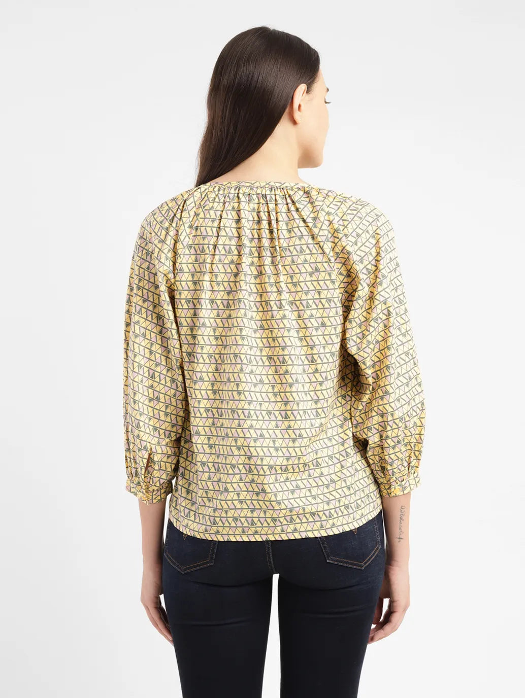 Women's Geometric Yellow Mandarin Neck Top