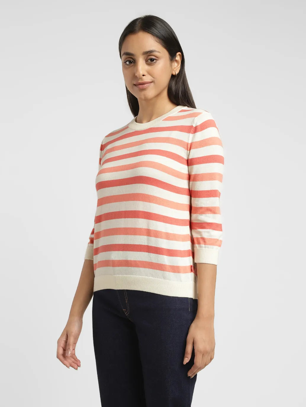 Women's Striped Beige Crew Neck Sweater