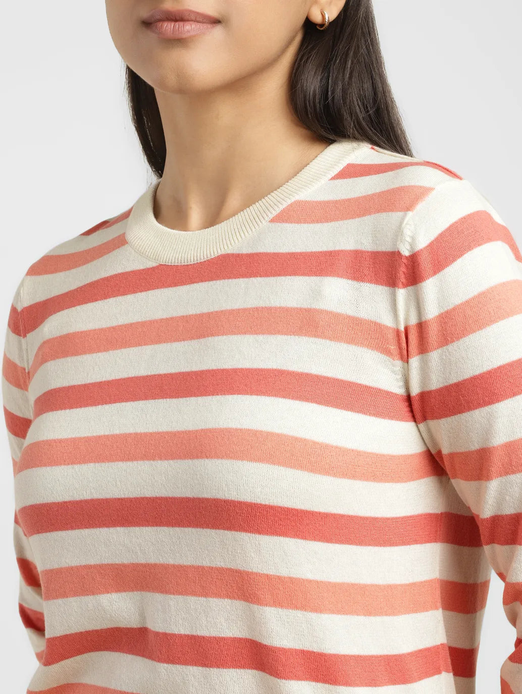 Women's Striped Beige Crew Neck Sweater