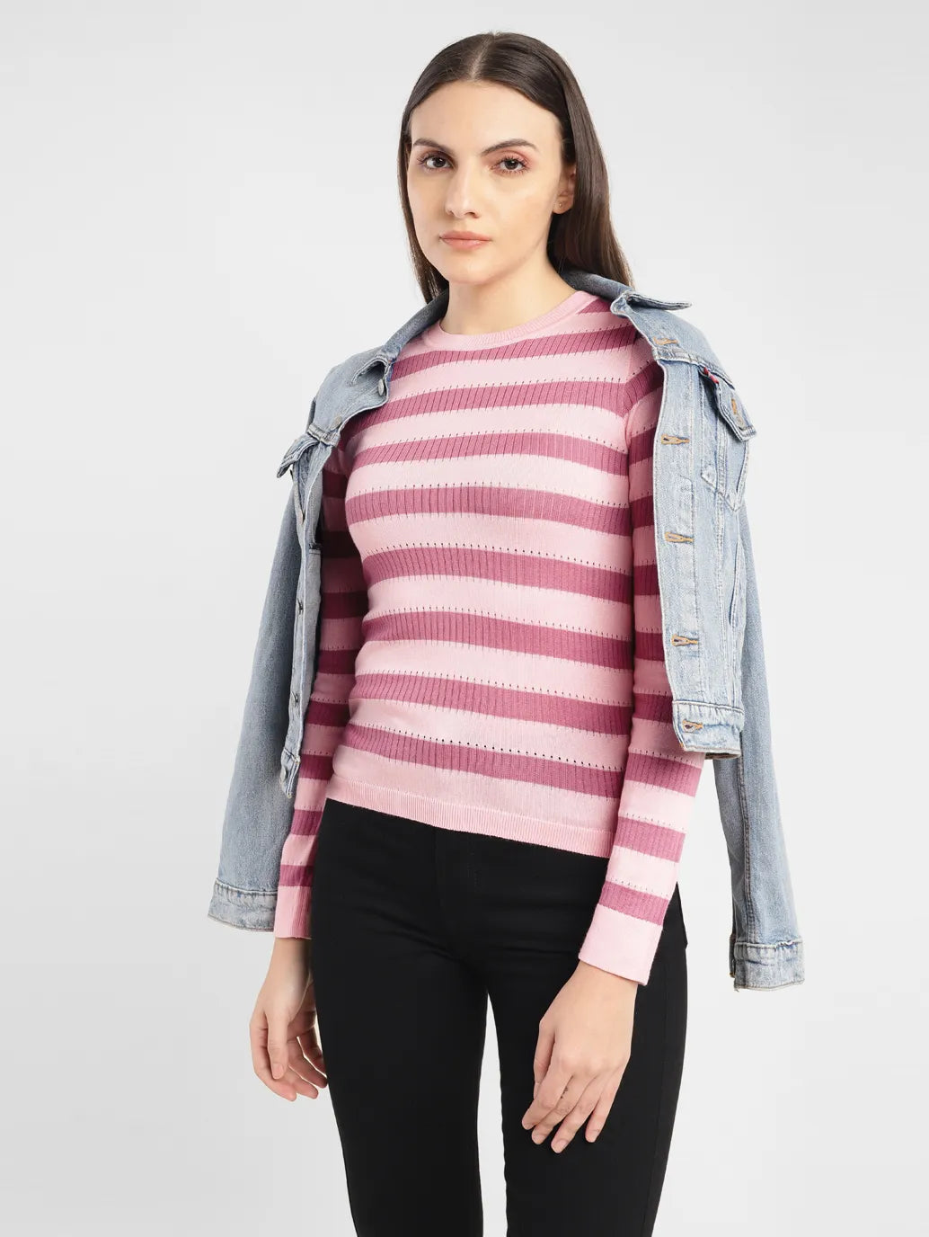 Women's Striped Pink Crew Neck Sweater