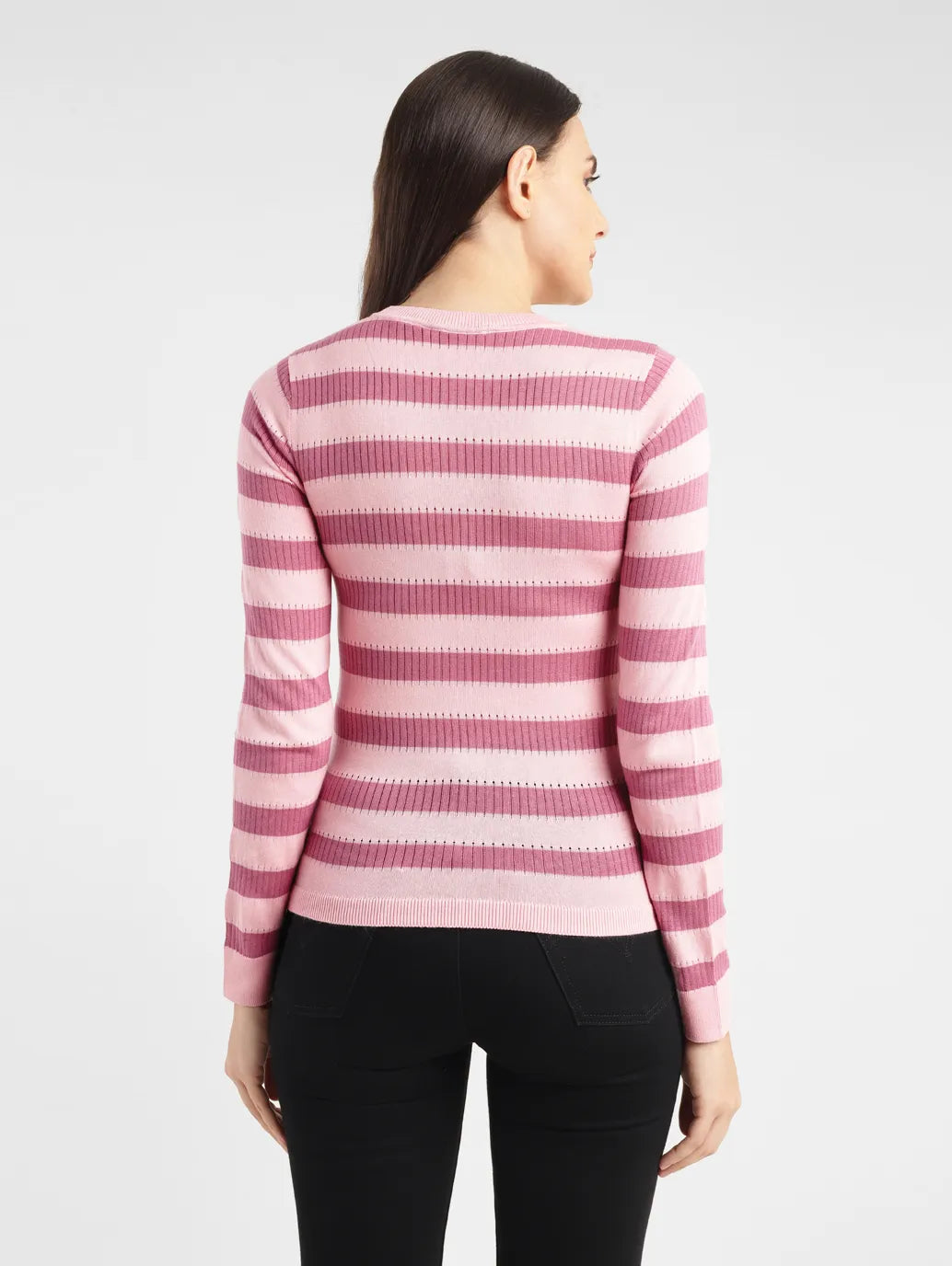 Women's Striped Pink Crew Neck Sweater