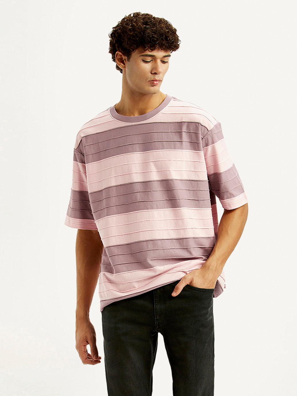 Men's Striped Mauve Loose Fit T-shirt - Styleshot View