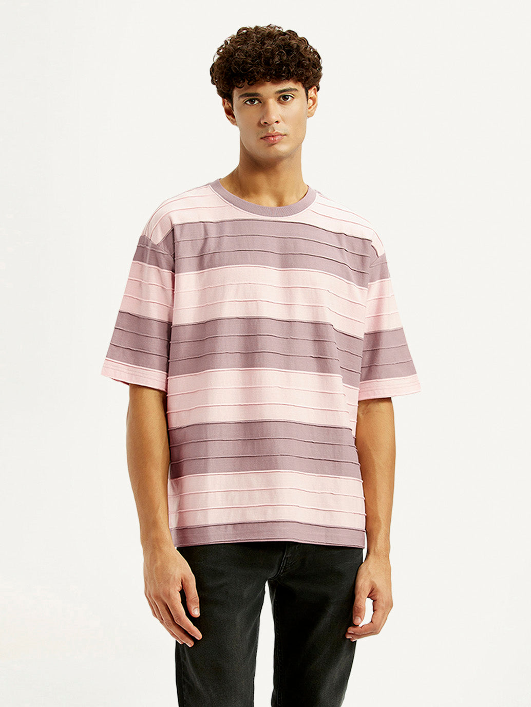 Men's Striped Mauve Loose Fit T-shirt - Front View