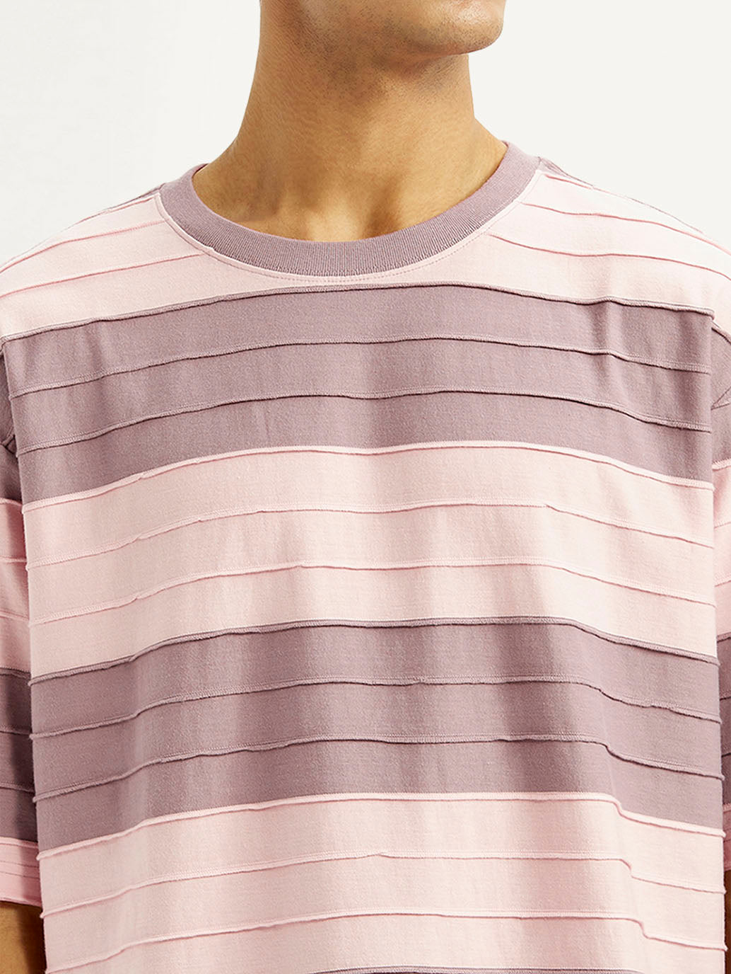 Men's Striped Mauve Loose Fit T-shirt - Detail View