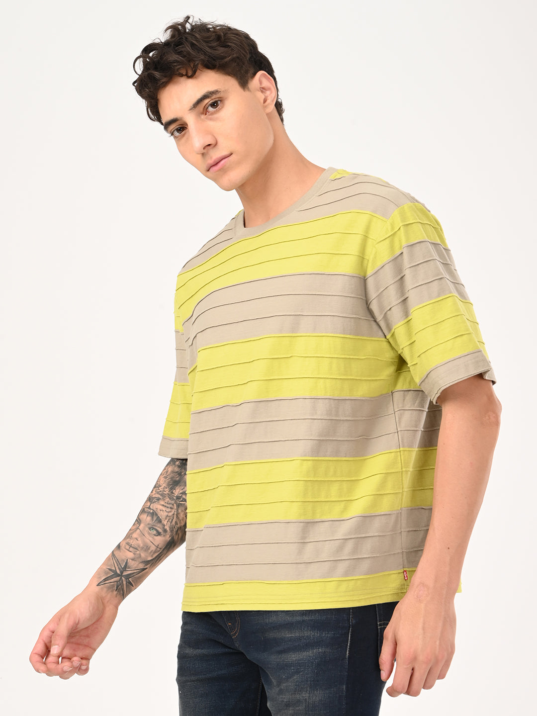 Men's Striped Loose Fit Textured T-Shirt - jpg View