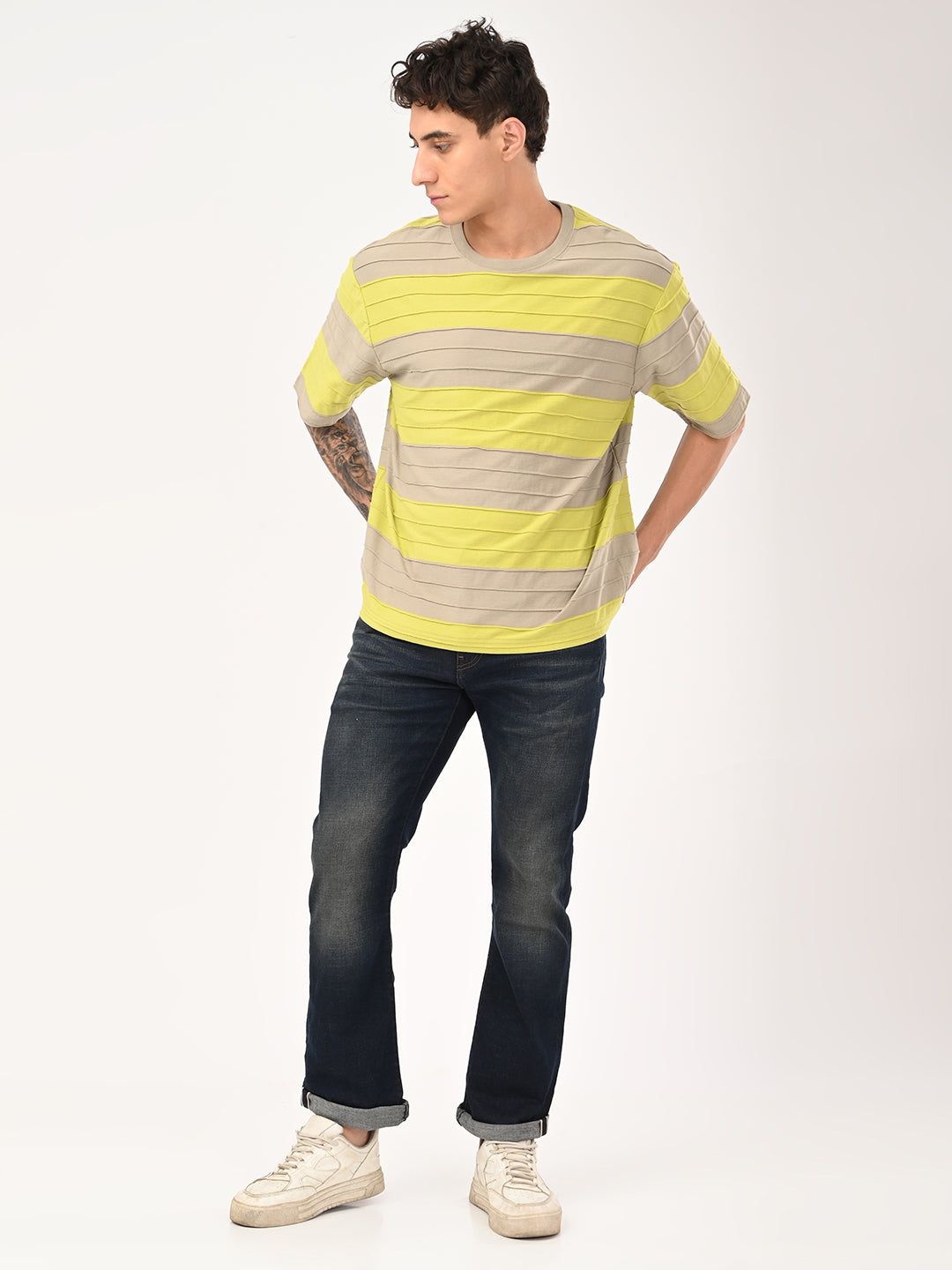 Men's Striped Loose Fit Textured T-Shirt - 6 View