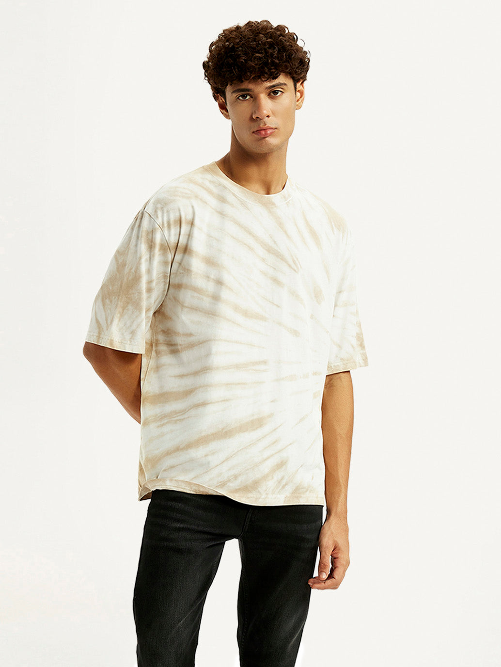 Men's Overdyed Cream Loose Fit T-shirt - Styleshot View