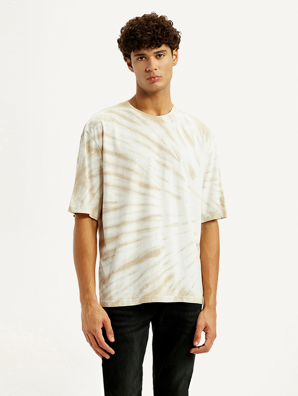 Men's Overdyed Cream Loose Fit T-shirt - Front View