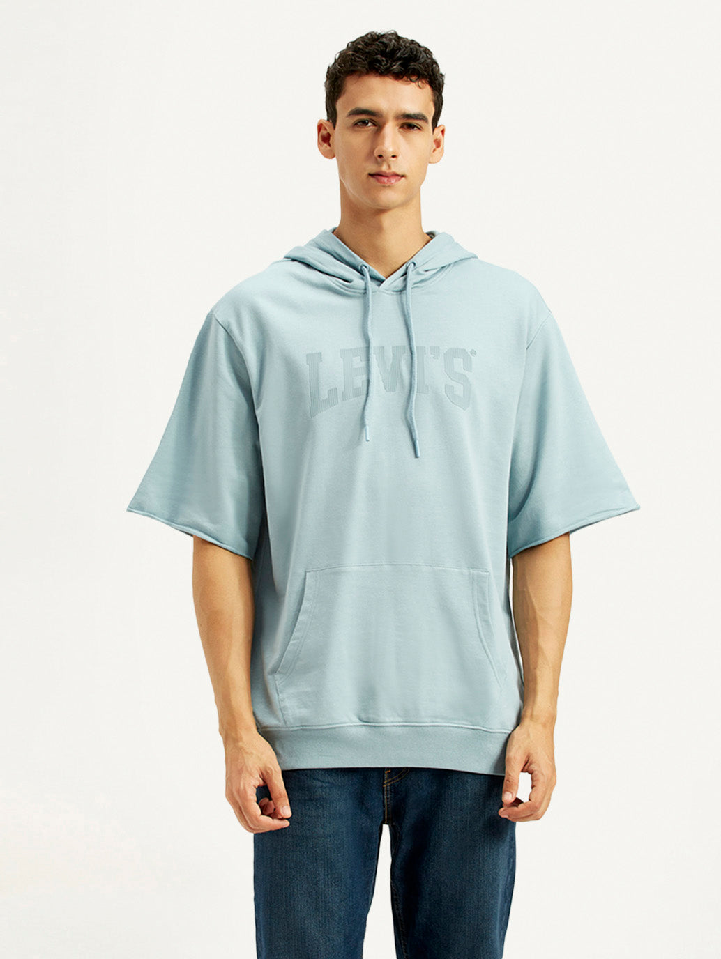 Men's Typographic Print Blue Hooded Sweatshirt - Front View