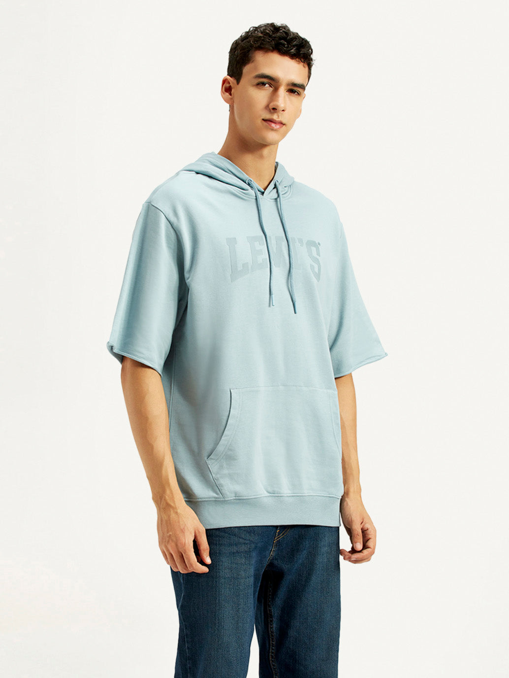 Men's Typographic Print Blue Hooded Sweatshirt - Side View
