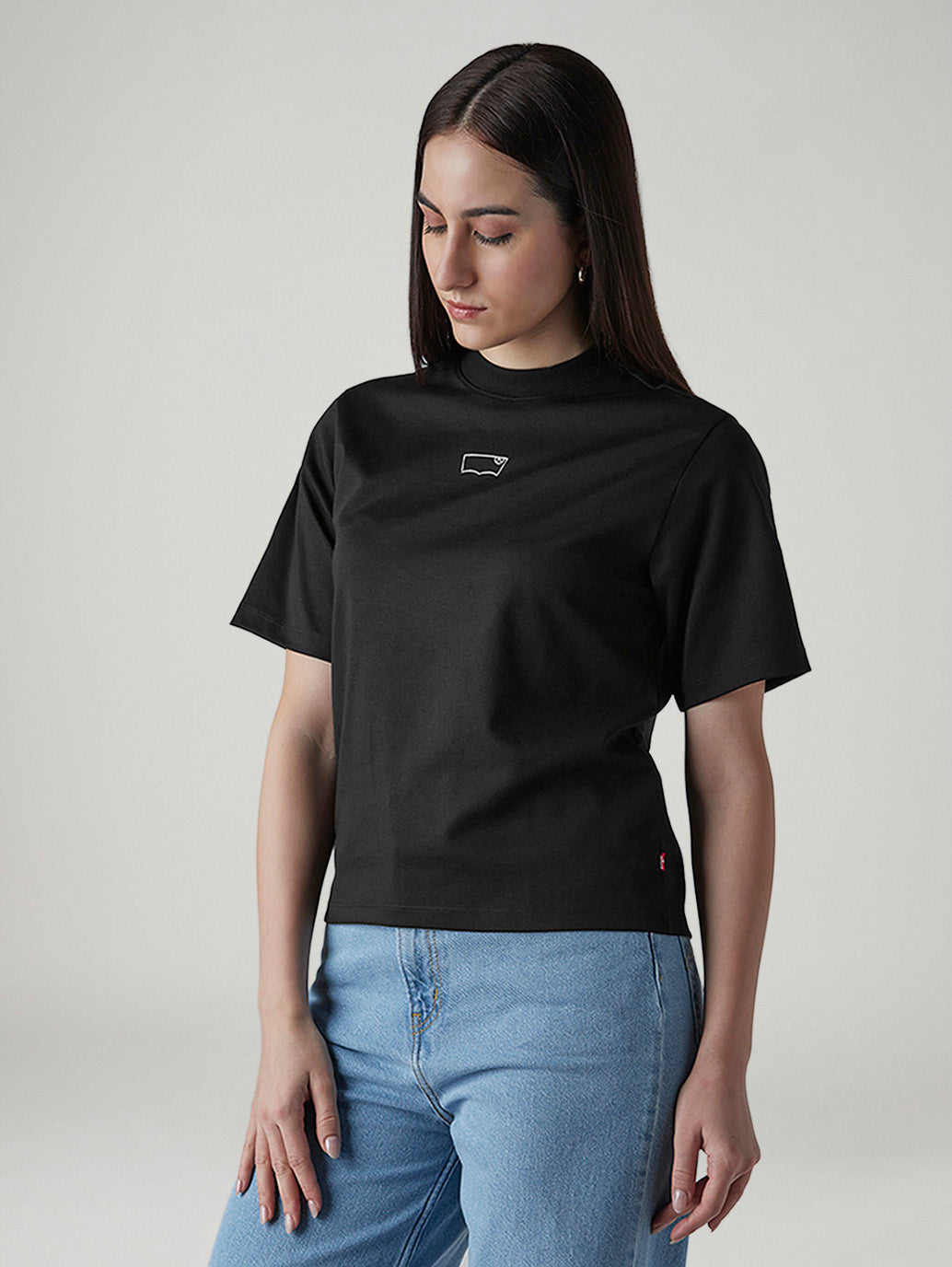Women's Brand Logo Black Collar Neck T-shirt - Side View