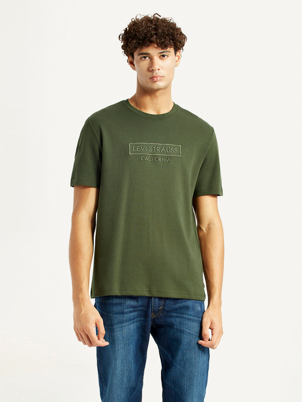 Men's Typography Olive Crew Neck T-shirt - Front View