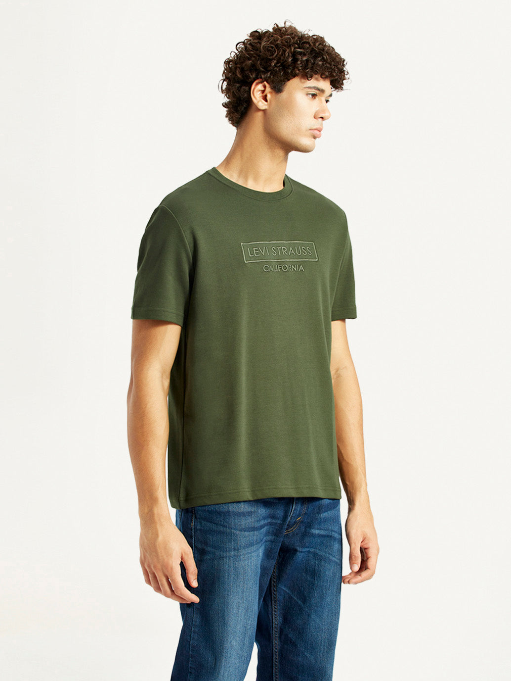 Men's Typography Olive Crew Neck T-shirt - Side View