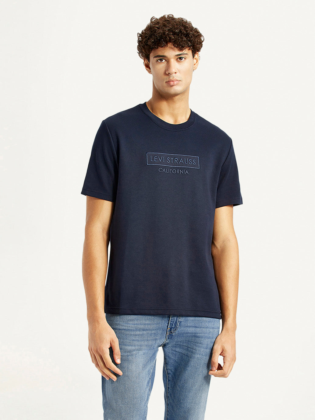 Men's Brand Logo Navy Crew Neck T-shirt - Front View