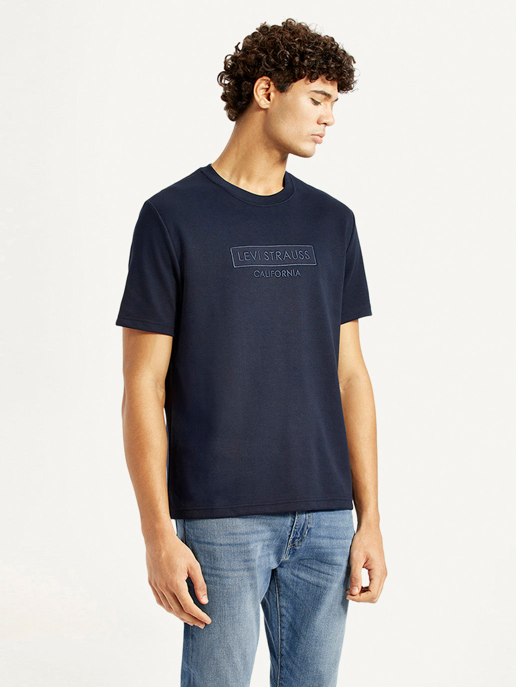 Men's Brand Logo Navy Crew Neck T-shirt - Side View