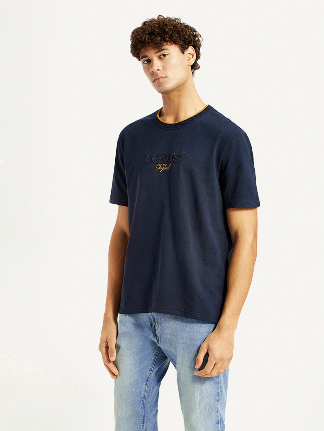Men's Brand Logo Navy Crew Neck T-shirt - Side View