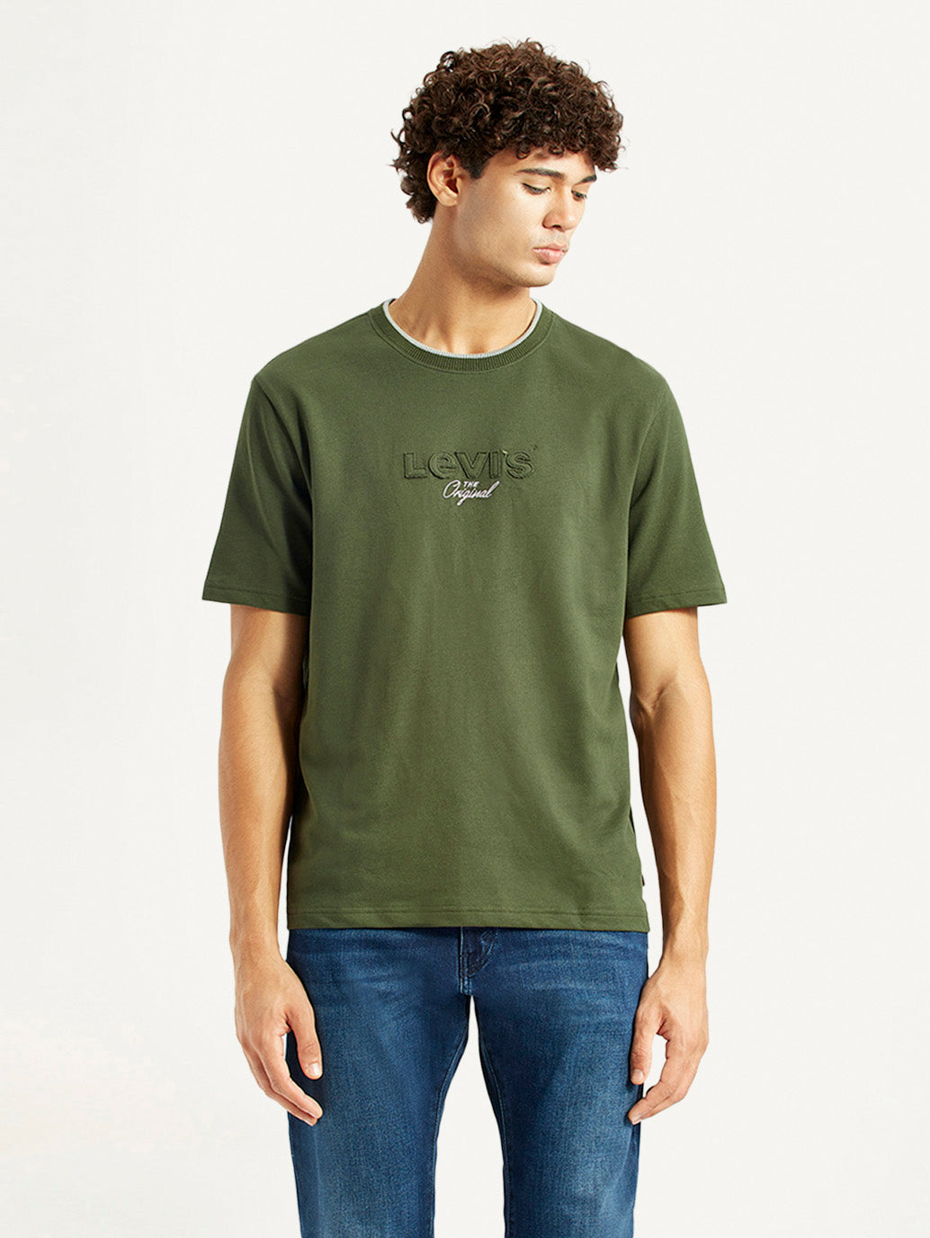 Men's Typography Olive Crew Neck T-shirt - Front View