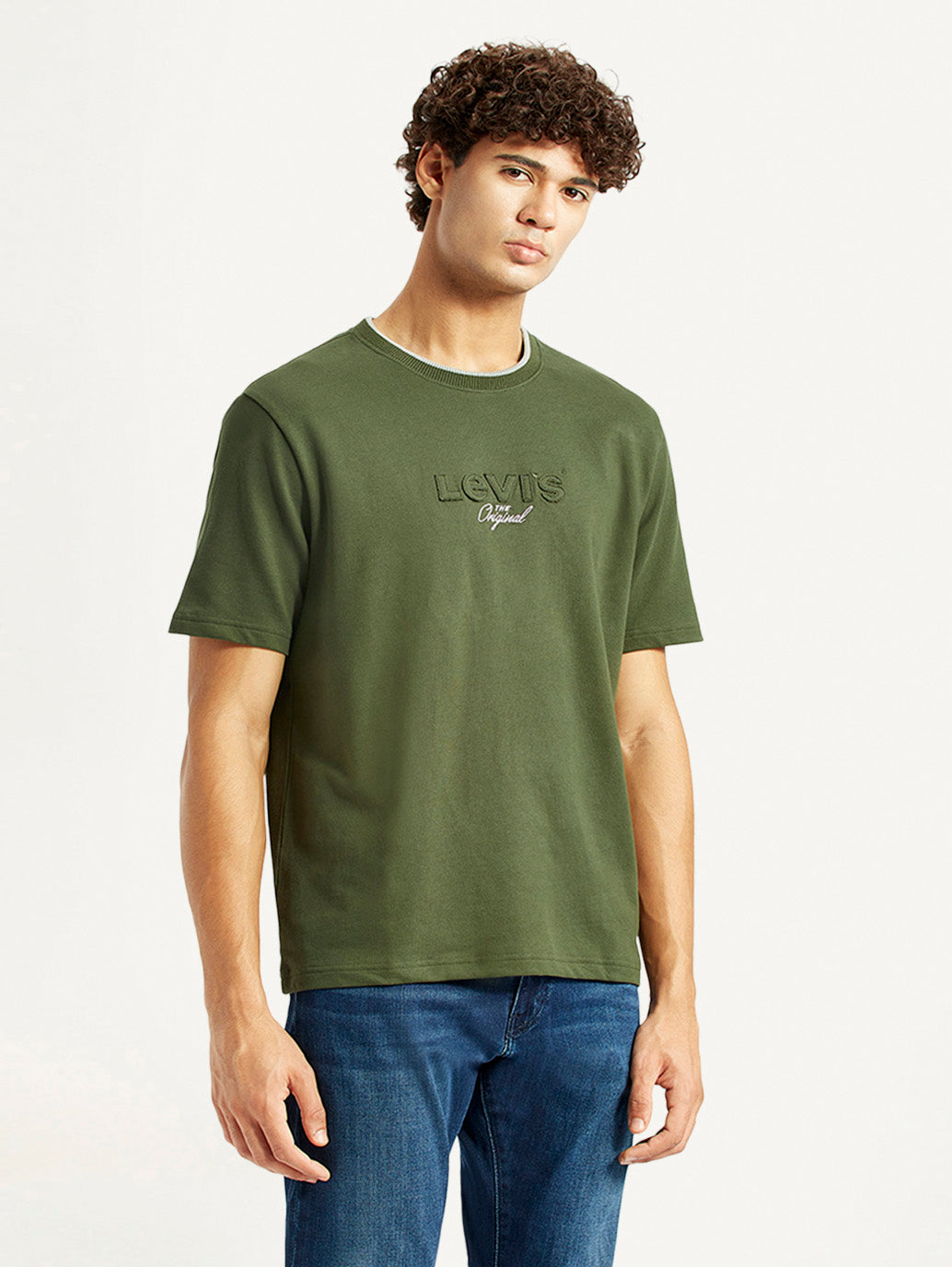Men's Typography Olive Crew Neck T-shirt - Side View