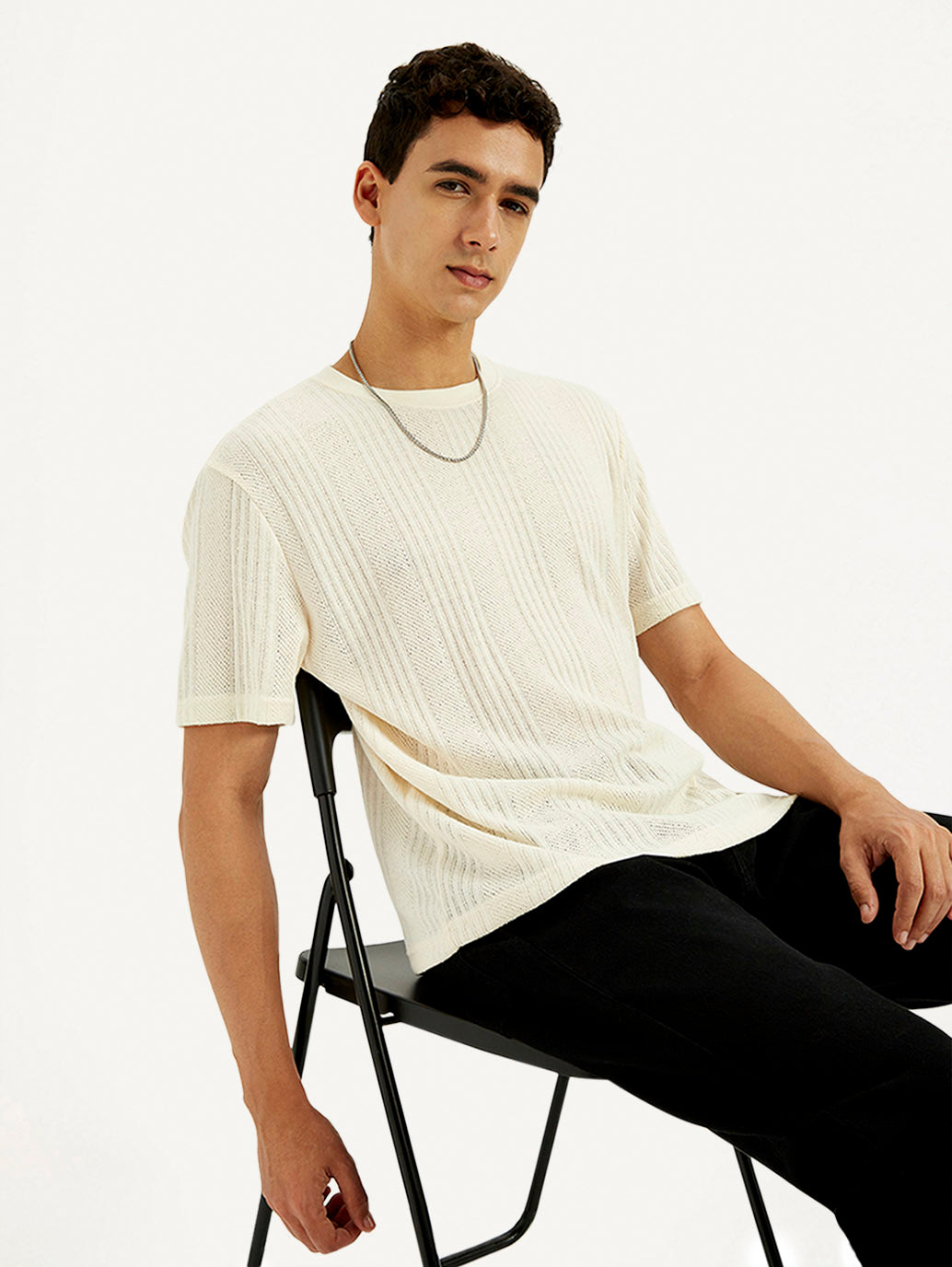 Men's Self Design Cream Crew Neck T-shirt - Elevated View