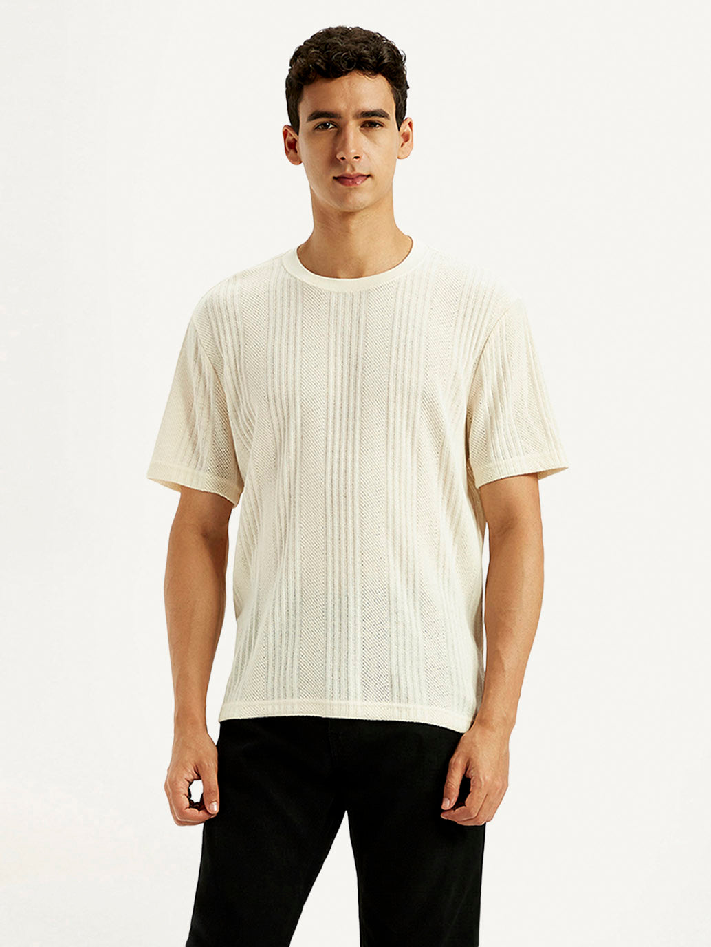 Men's Self Design Cream Crew Neck T-shirt - Styleshot View