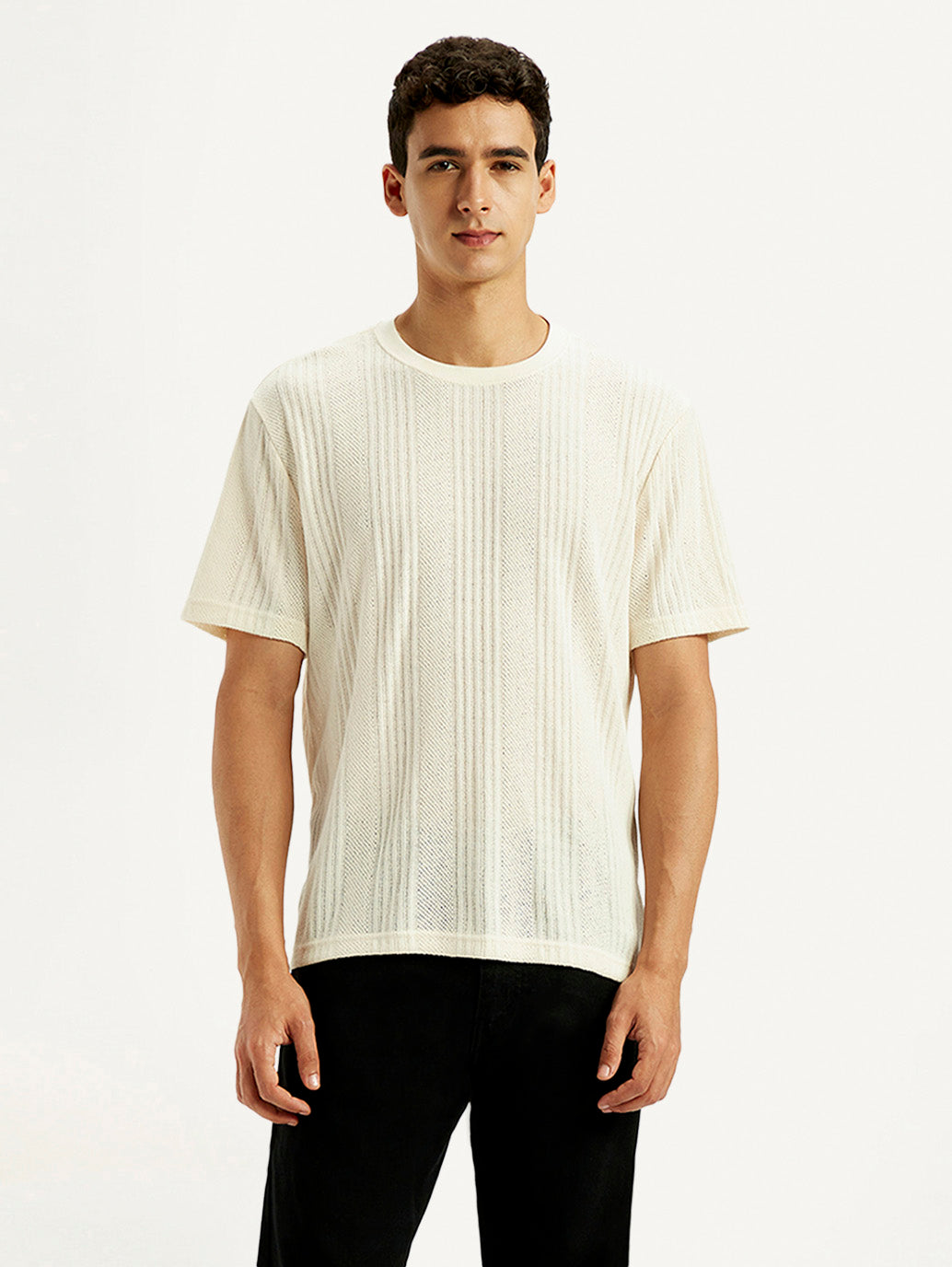 Men's Self Design Cream Crew Neck T-shirt - Front View