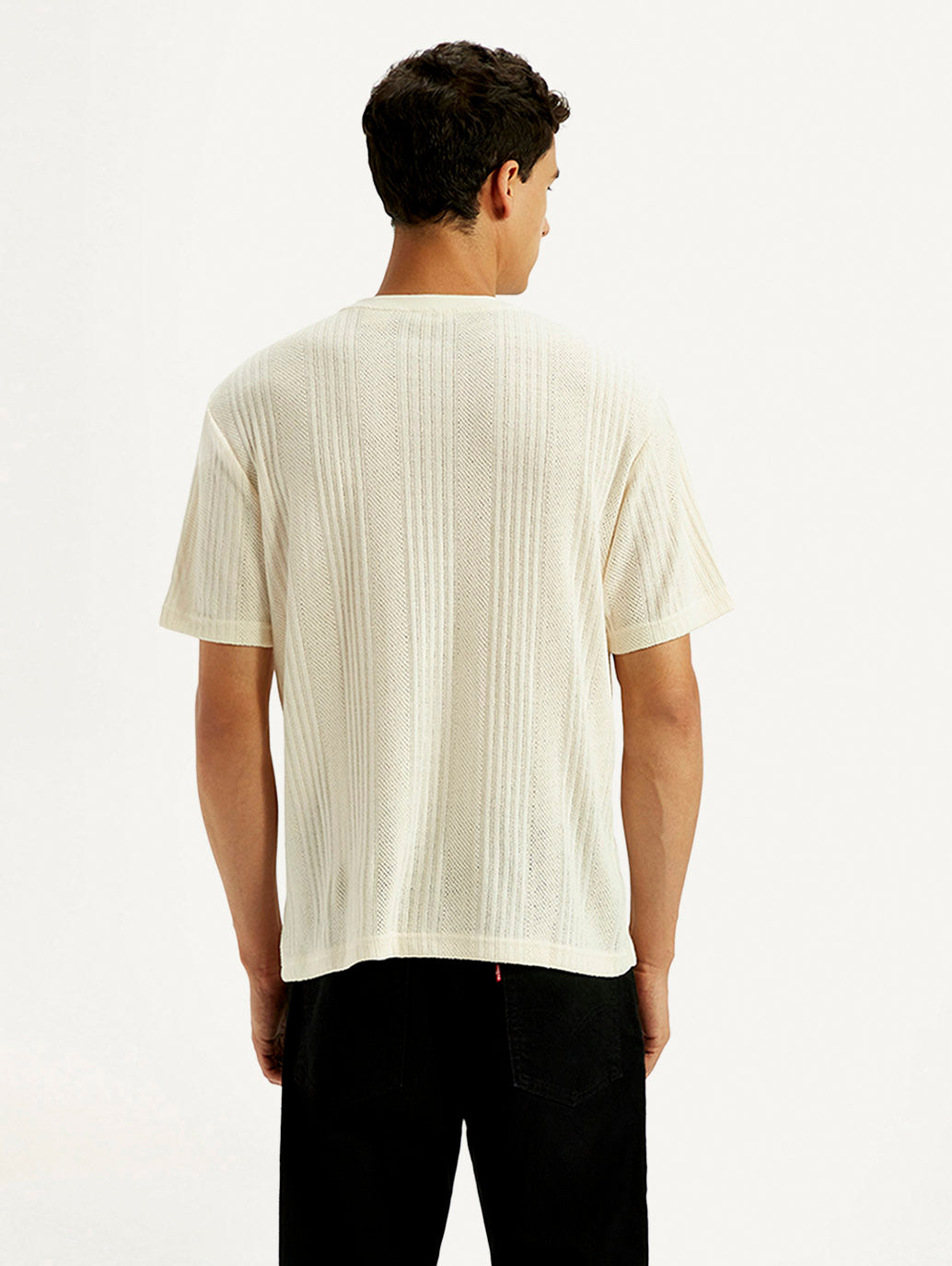 Men's Self Design Cream Crew Neck T-shirt - Back View