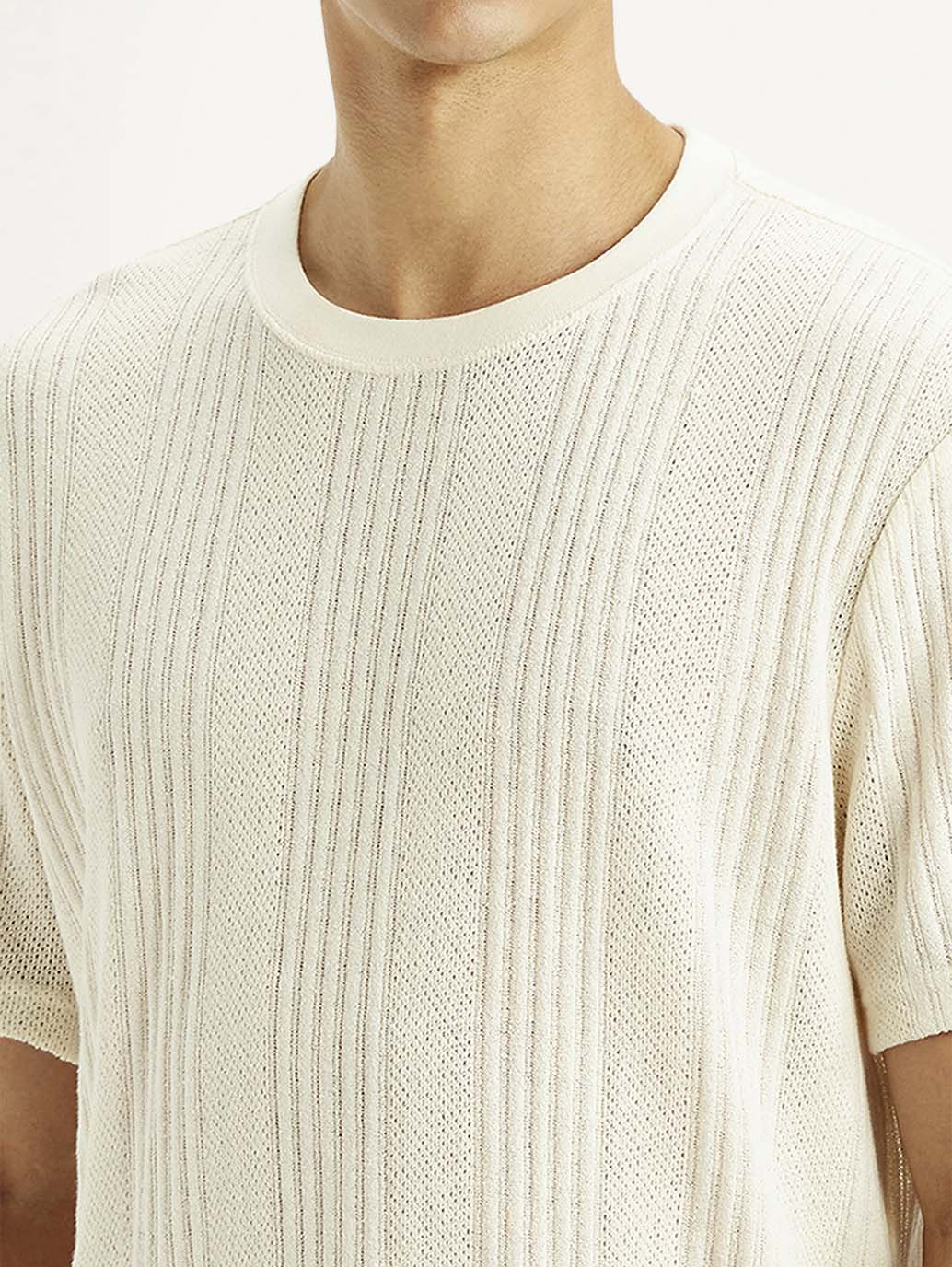Men's Self Design Cream Crew Neck T-shirt - Detail View