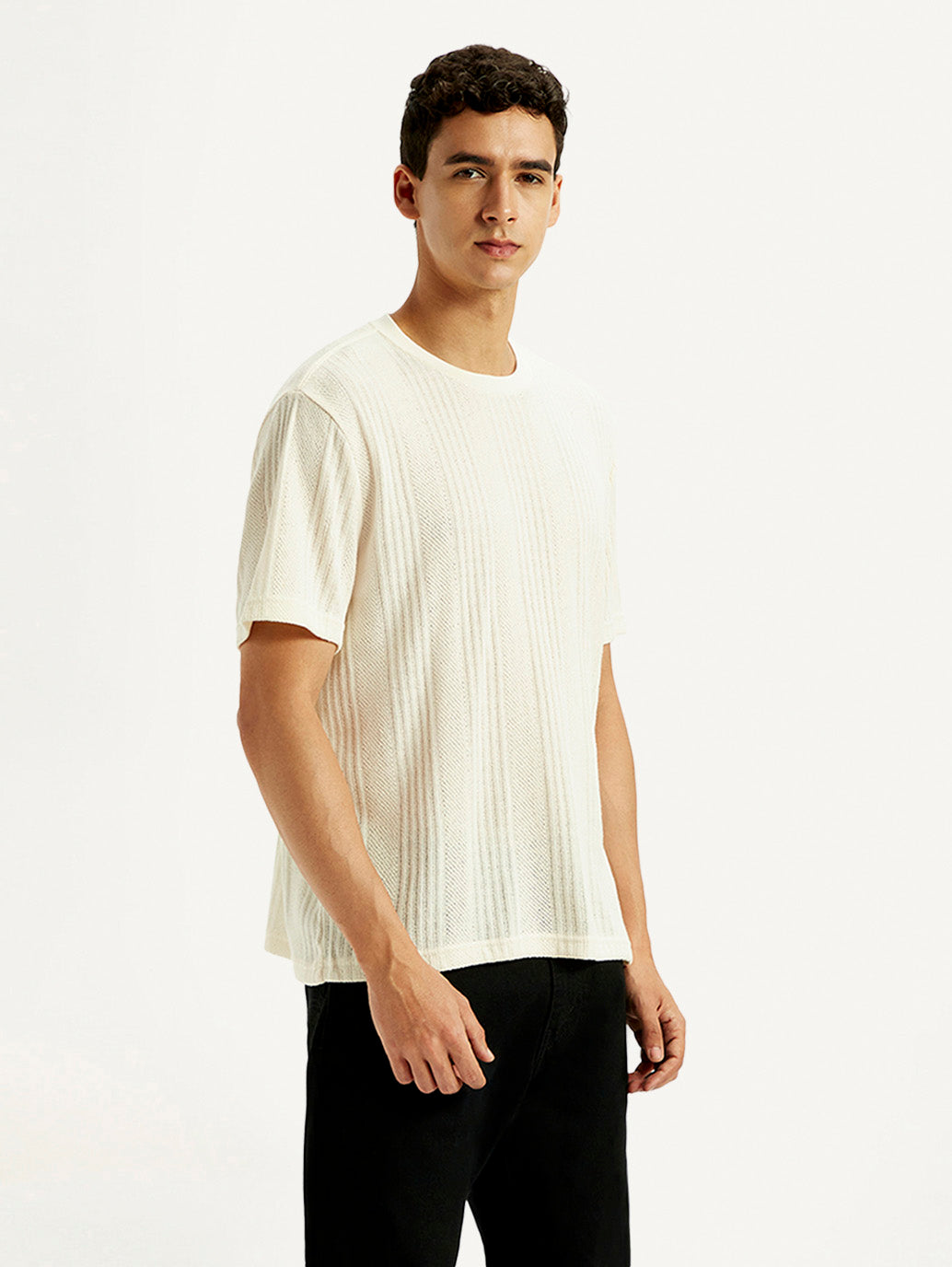 Men's Self Design Cream Crew Neck T-shirt - Side View
