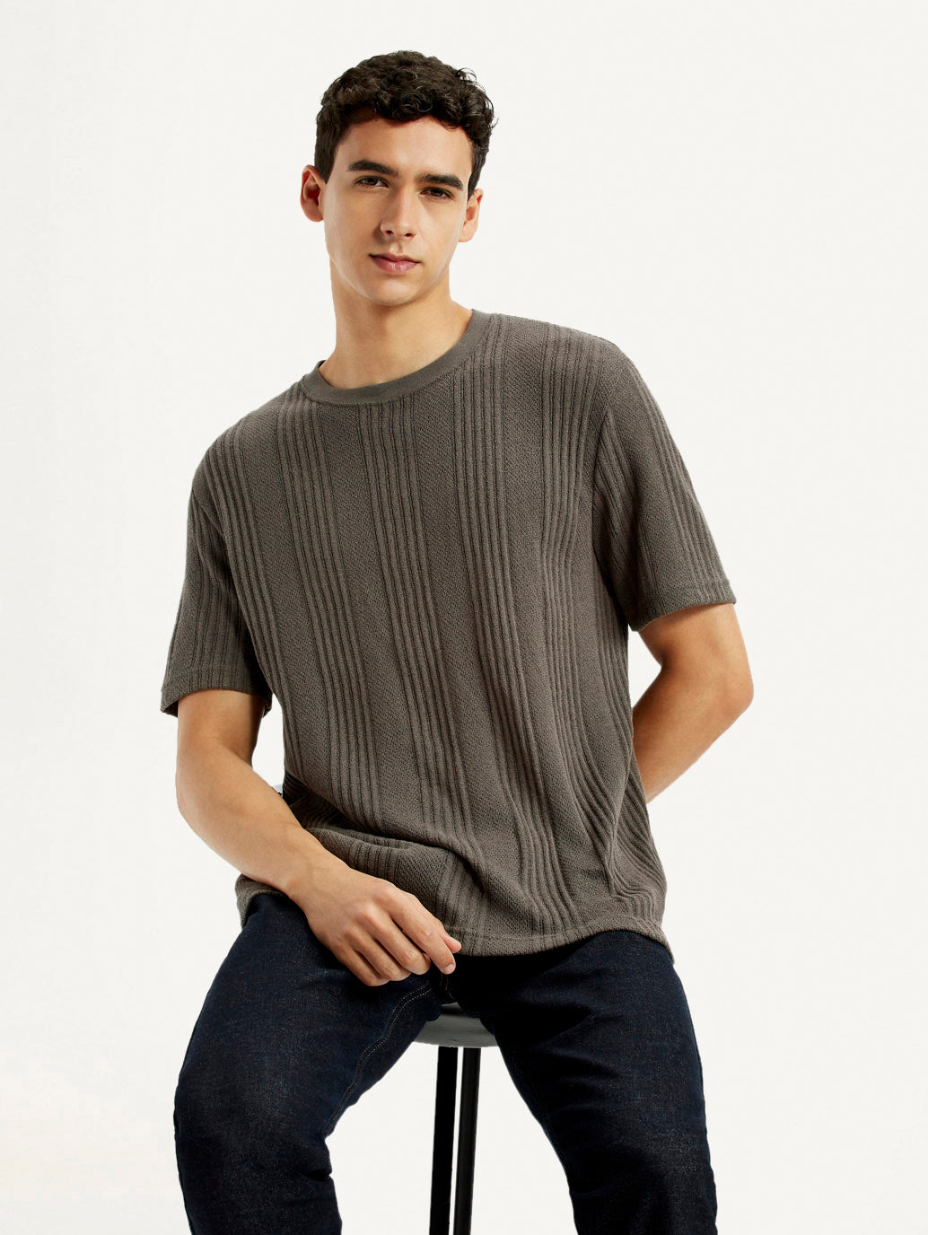 Men's Self Design Brown Crew Neck T-shirt - Elevated View