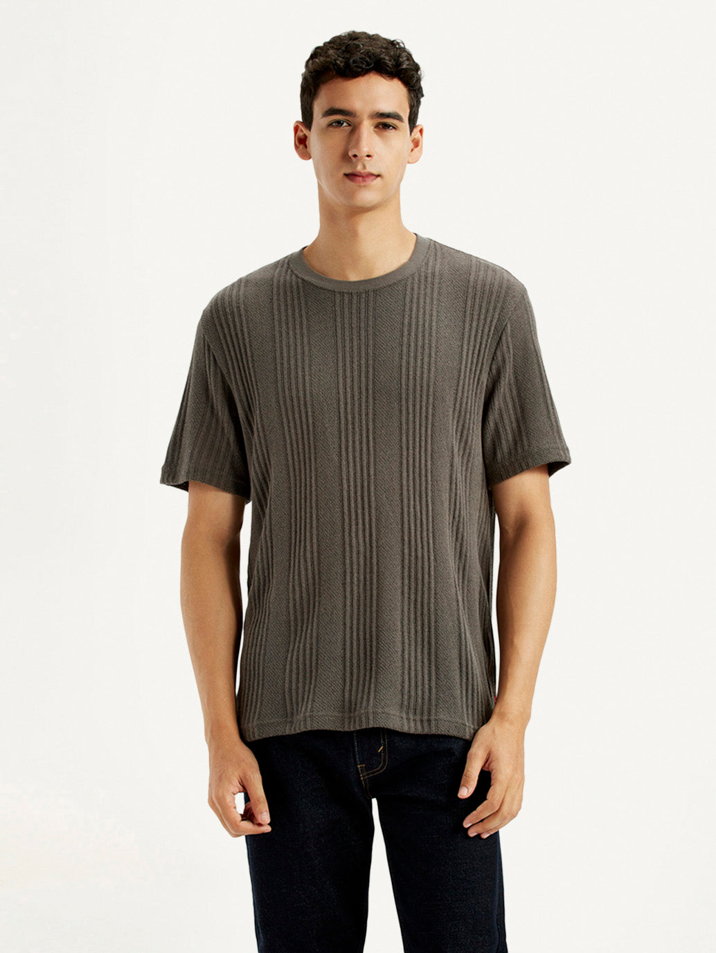 Men's Self Design Brown Crew Neck T-shirt - Front View