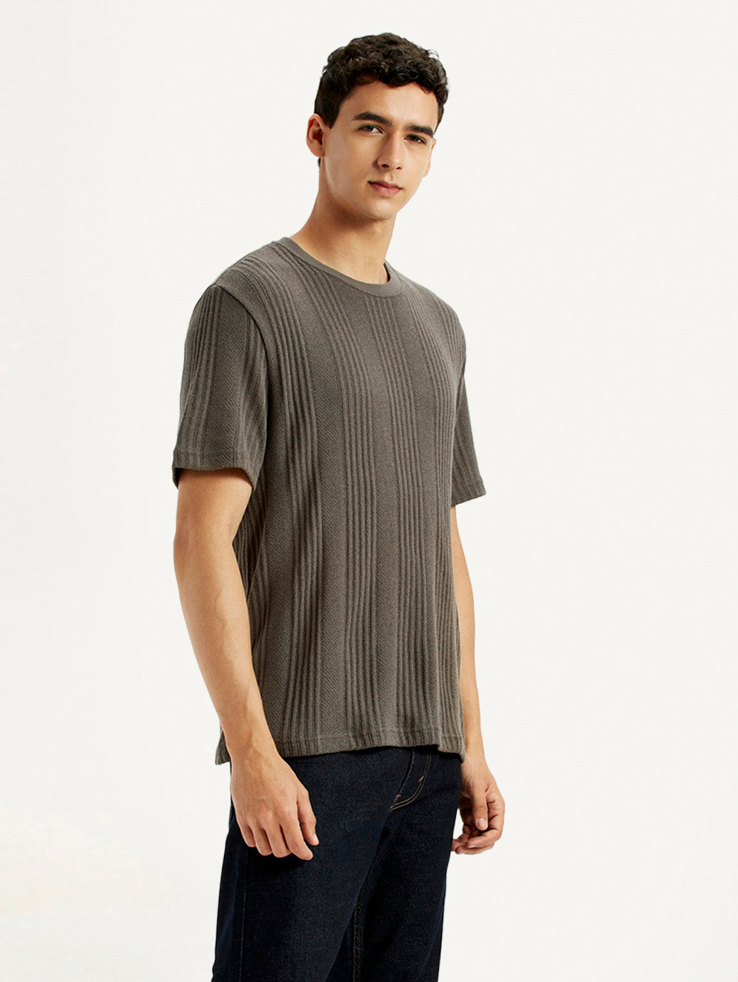 Men's Self Design Brown Crew Neck T-shirt - Side View
