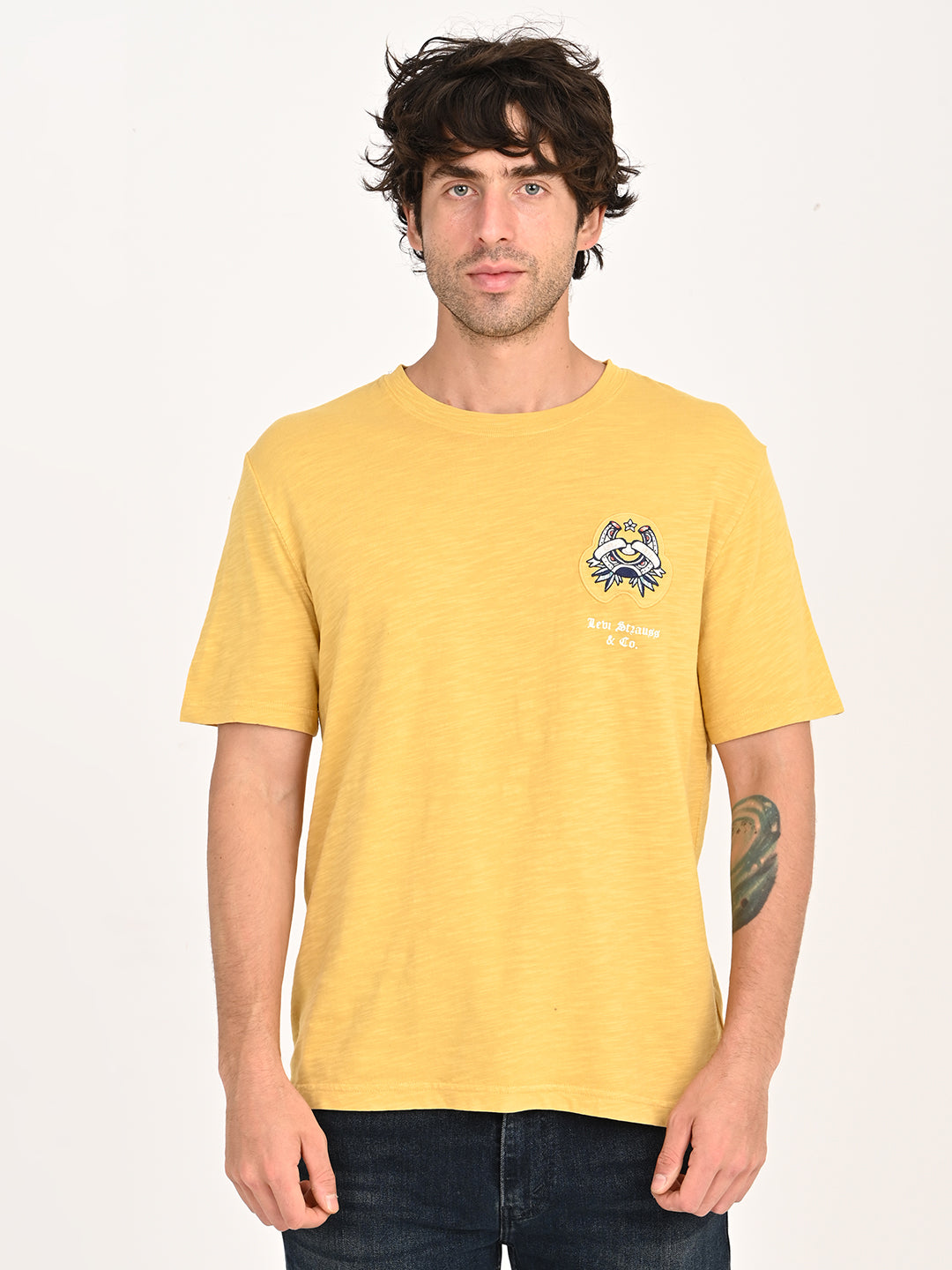 Men's Graphic Print Yellow Crew Neck T-shirt - front View