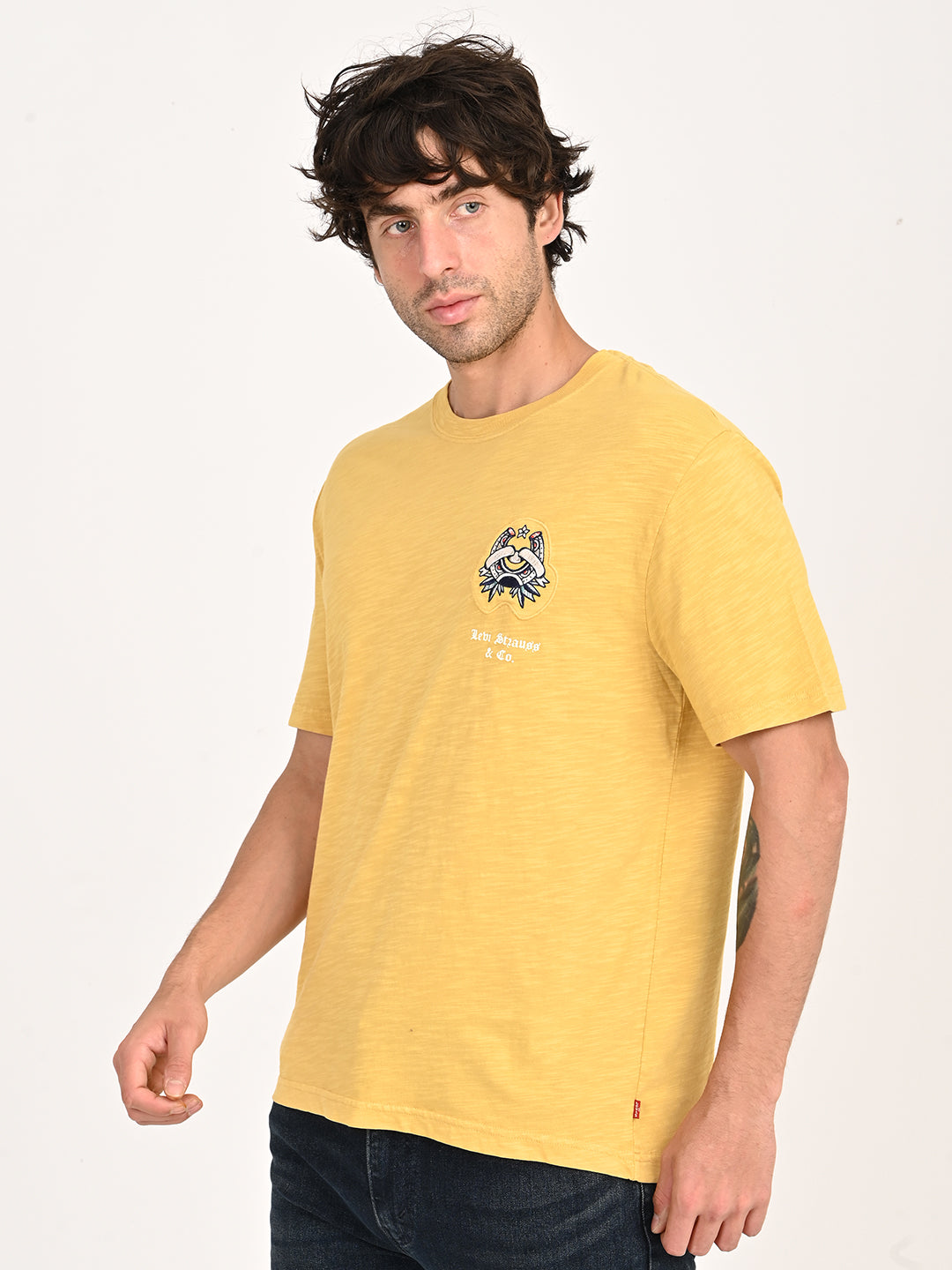 Men's Graphic Print Yellow Crew Neck T-shirt - side View