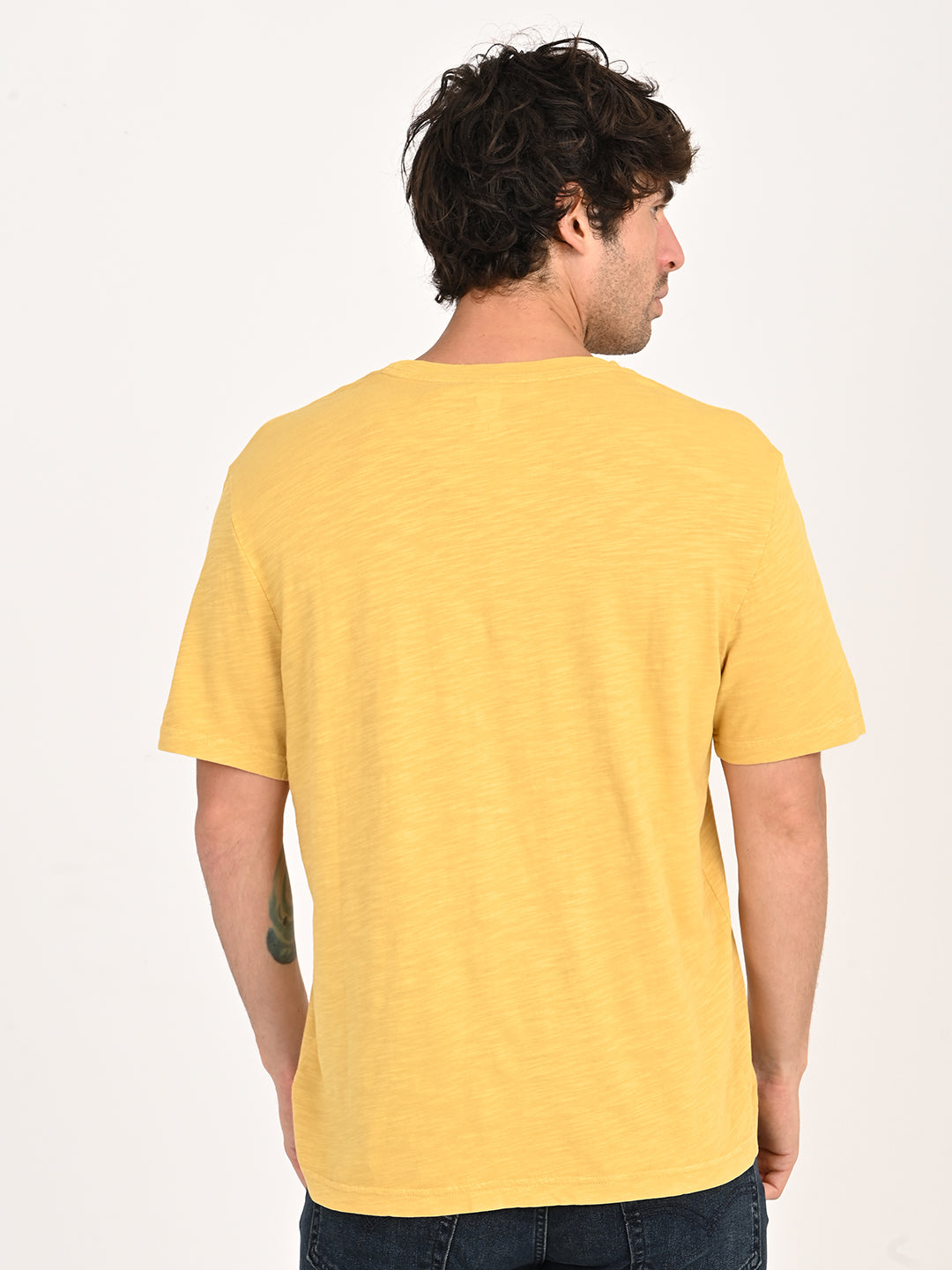 Men's Graphic Print Yellow Crew Neck T-shirt - back View