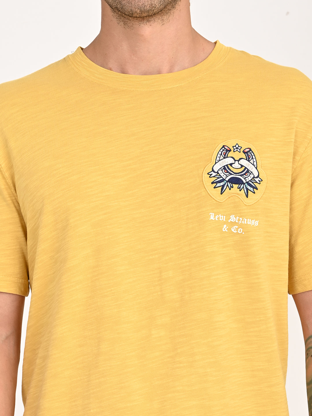 Men's Graphic Print Yellow Crew Neck T-shirt - details View