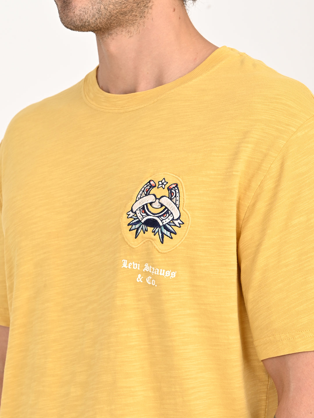 Men's Graphic Print Yellow Crew Neck T-shirt - details View