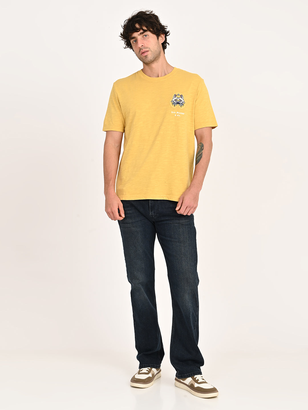 Men's Graphic Print Yellow Crew Neck T-shirt - 6 View