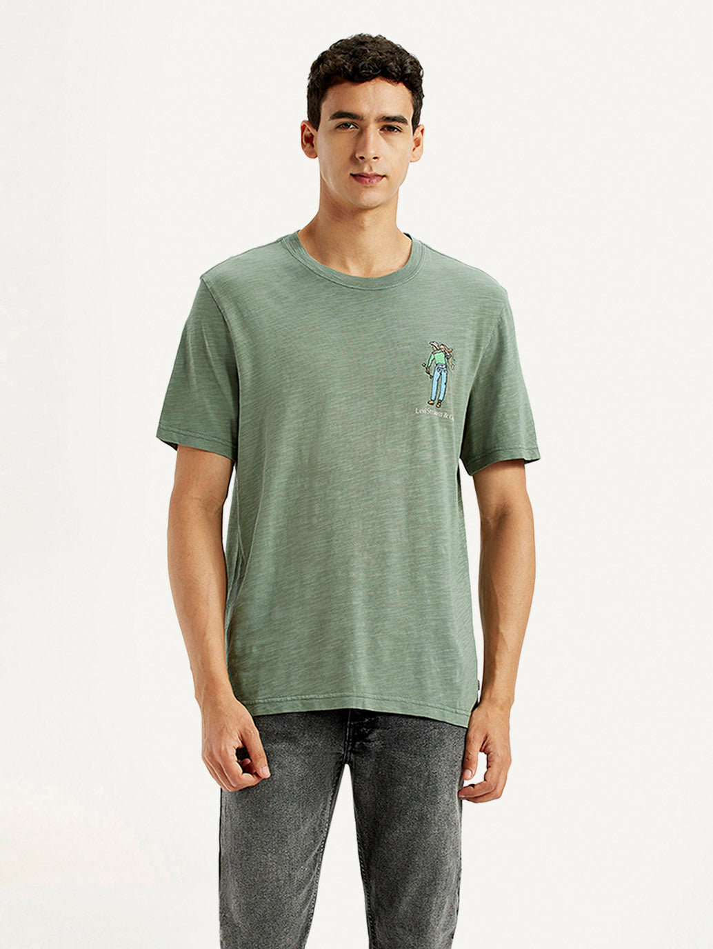 Men's Overdyed Olive Green Crew Neck T-shirt - Front View