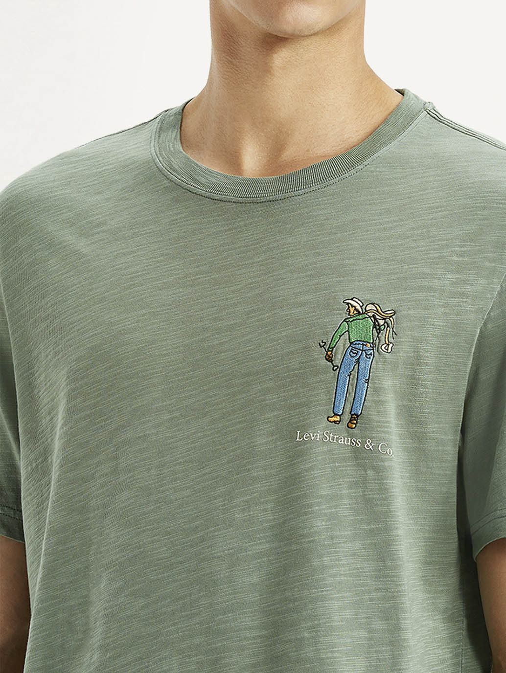 Men's Overdyed Olive Green Crew Neck T-shirt - Detail View