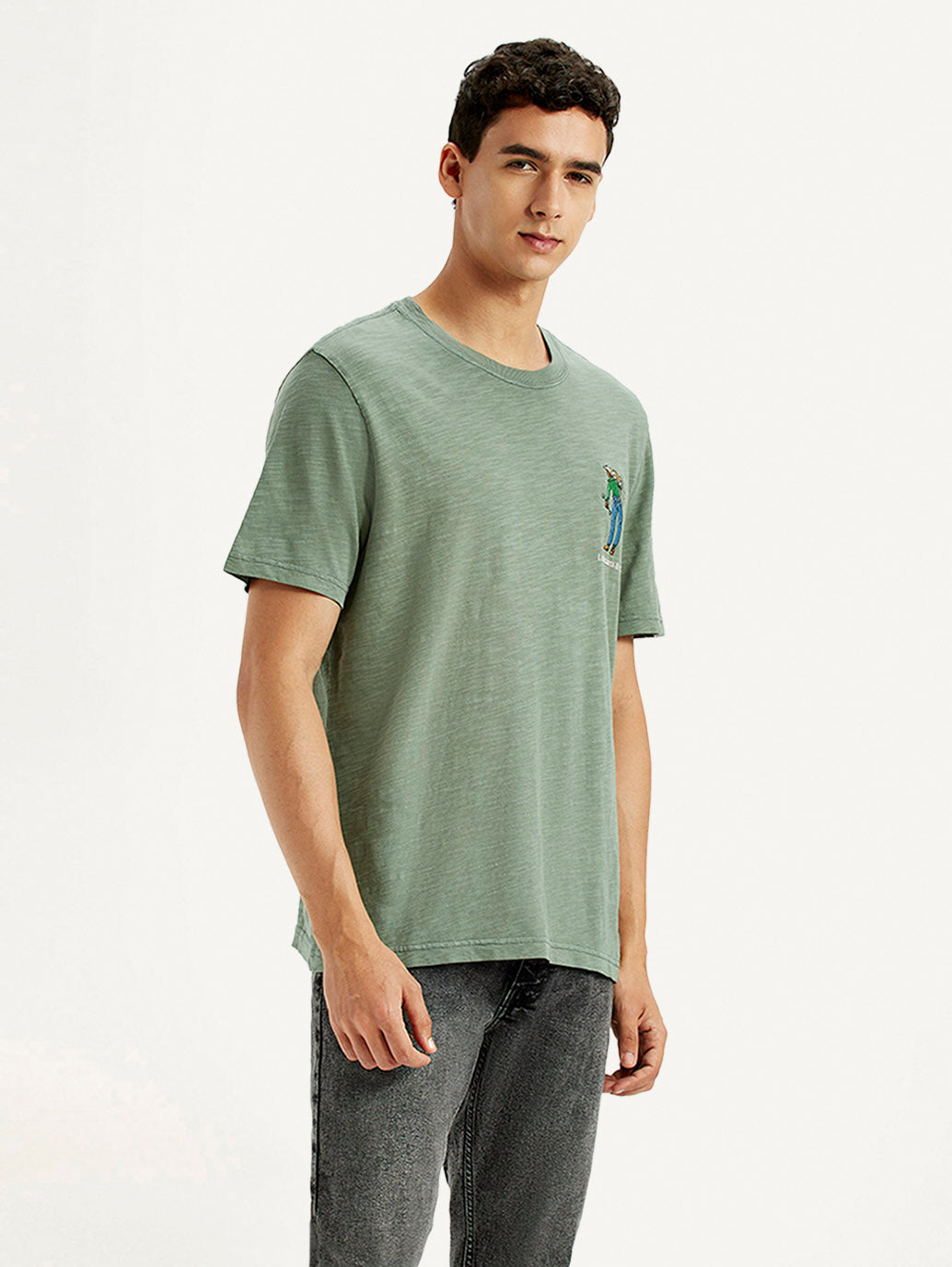 Men's Overdyed Olive Green Crew Neck T-shirt - Side View