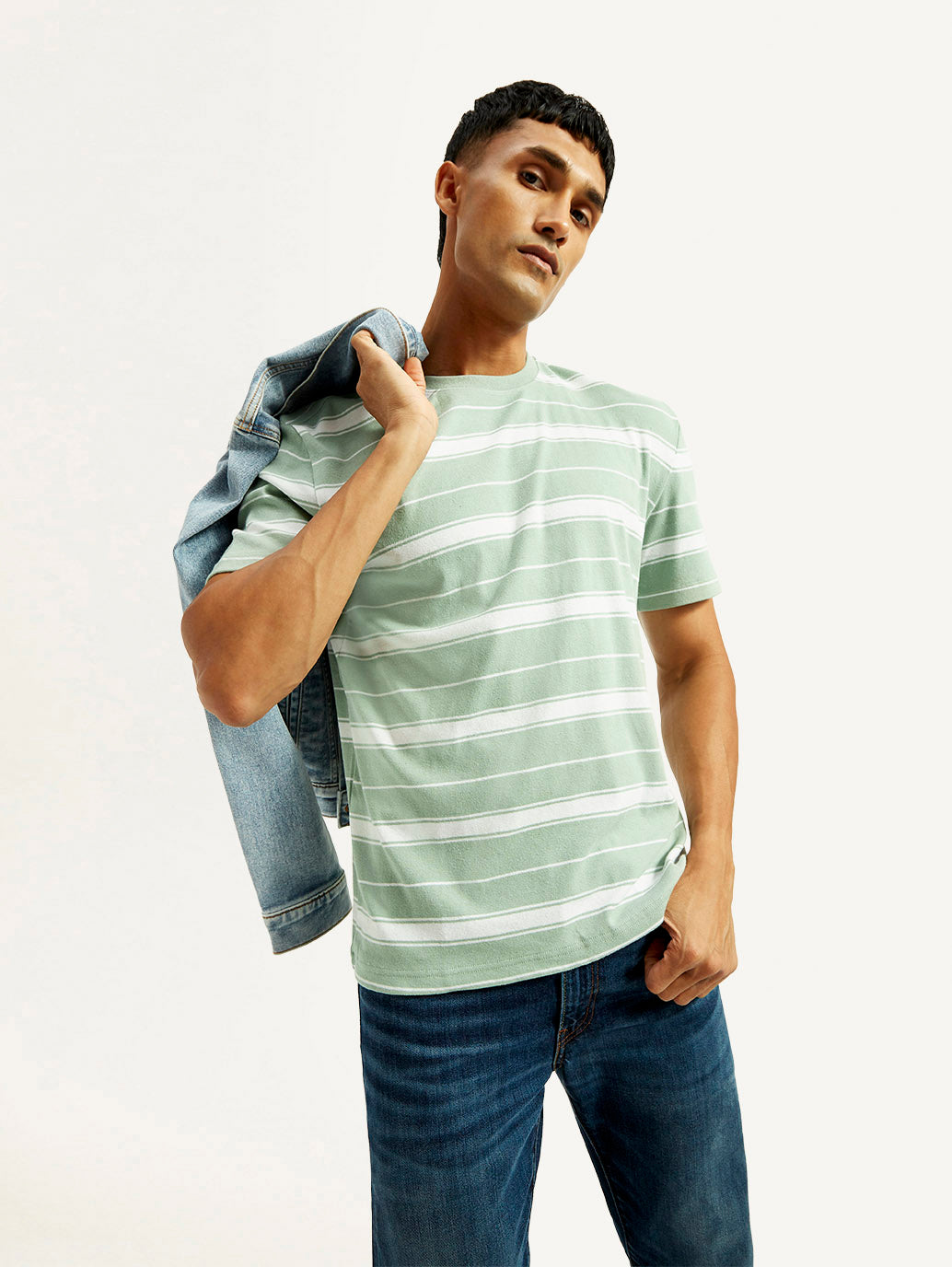 Men's Striped Light Green Crew Neck T-shirt - Elevated View