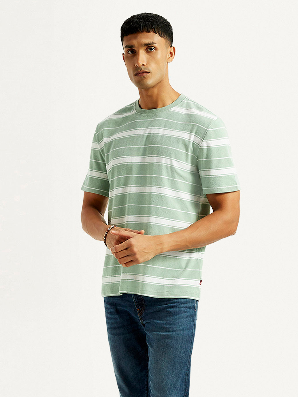 Men's Striped Light Green Crew Neck T-shirt