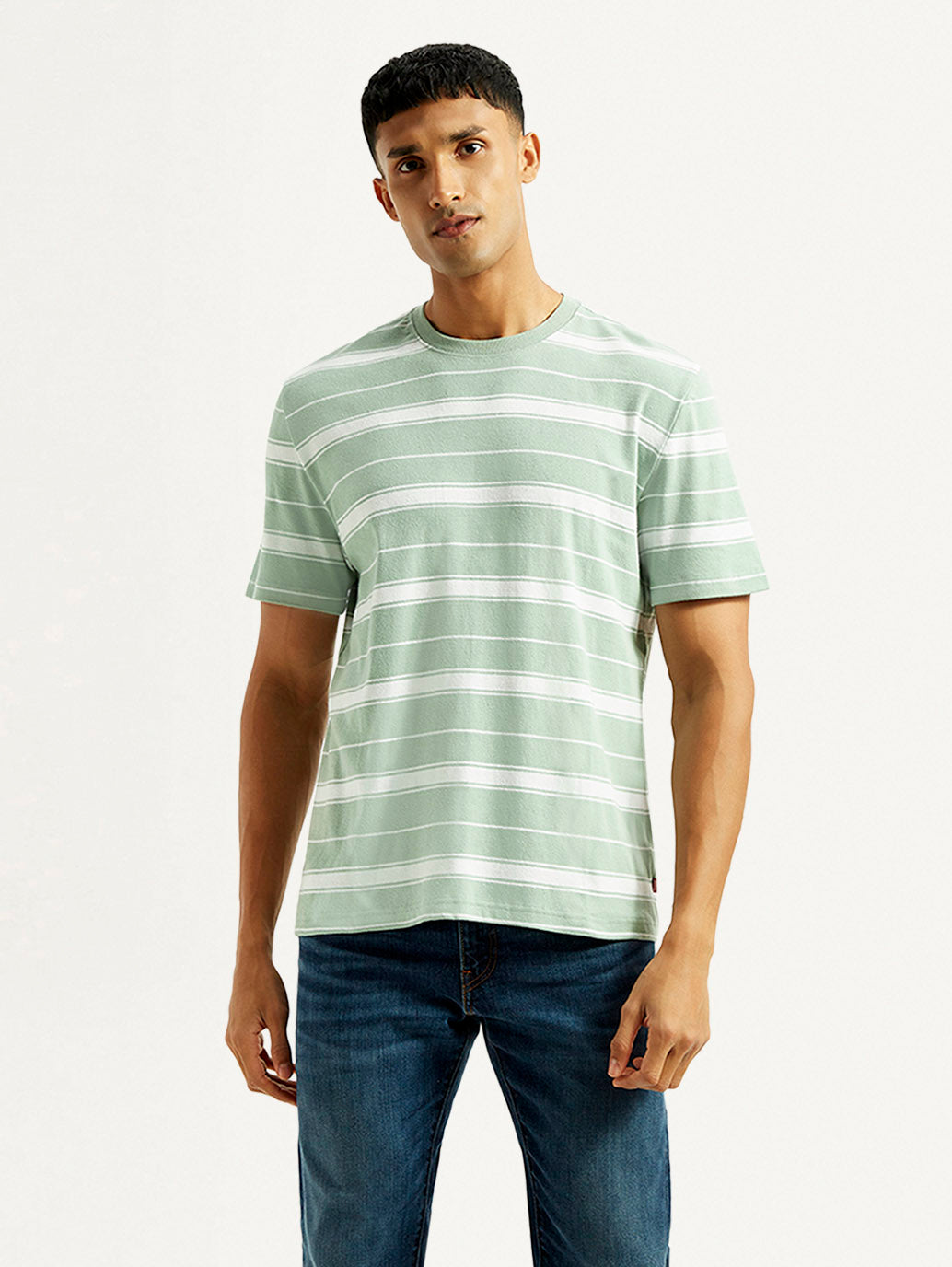 Men's Striped Light Green Crew Neck T-shirt - Front View