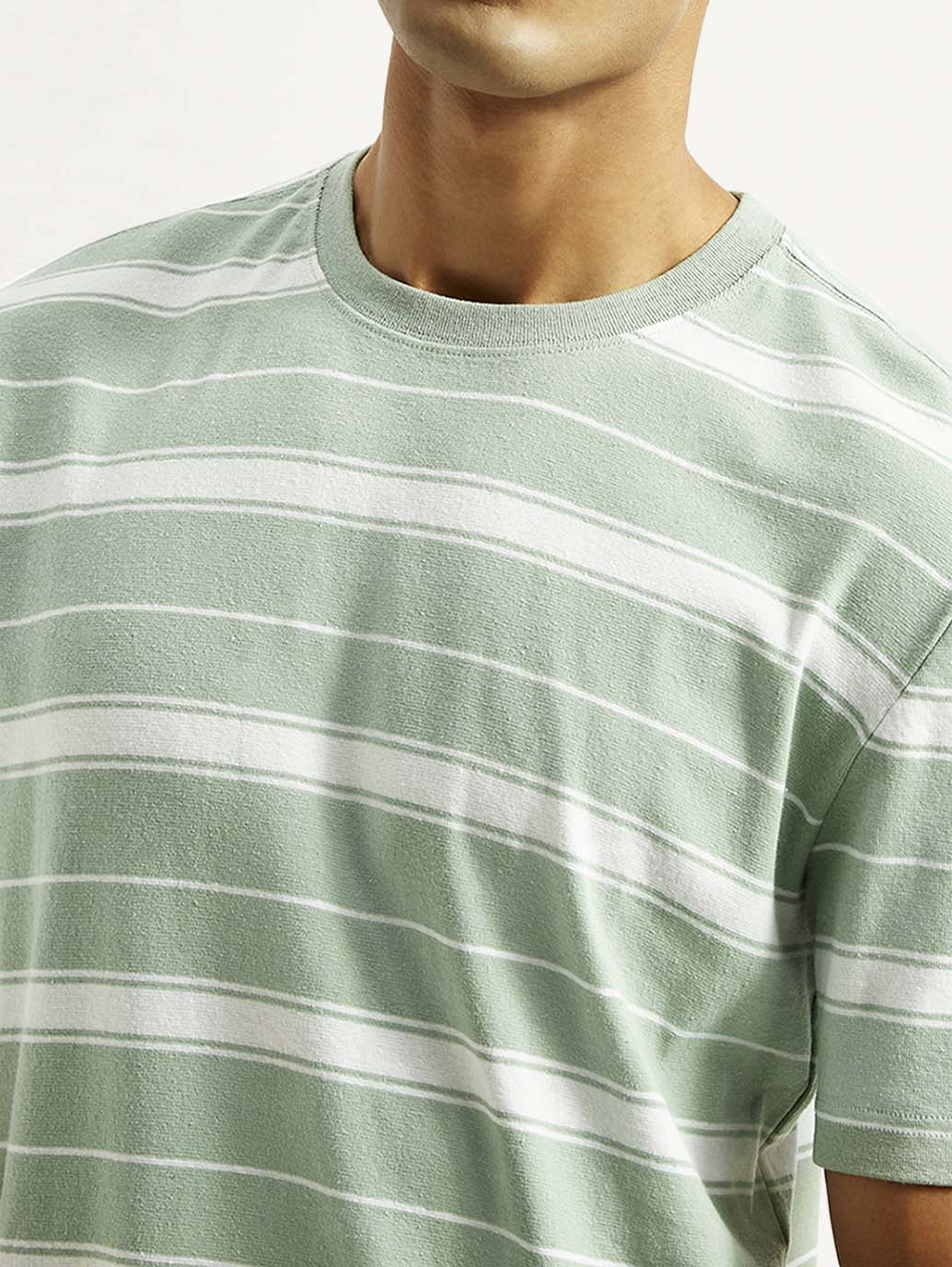 Men's Striped Light Green Crew Neck T-shirt - Detail View