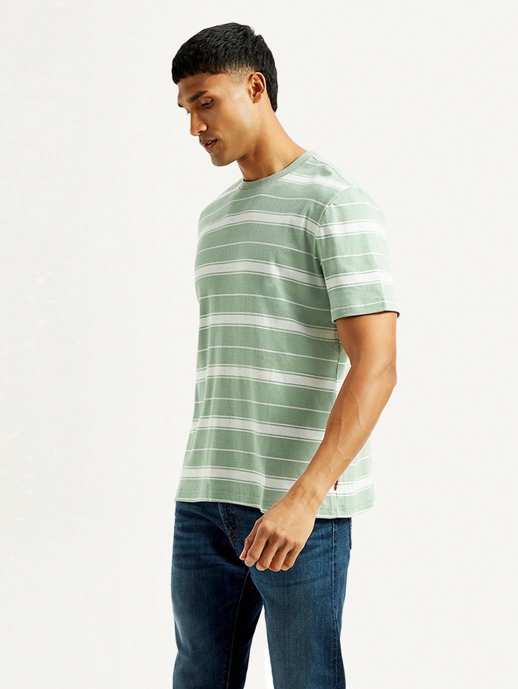 Men's Striped Light Green Crew Neck T-shirt - Side View
