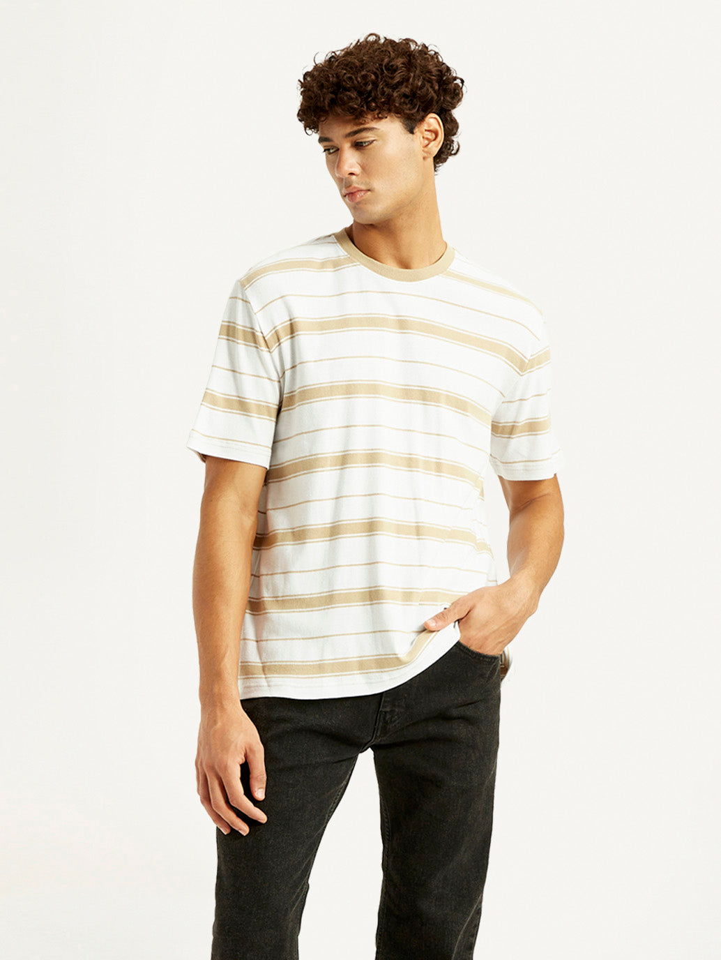 Men's Striped White Crew Neck T-shirt - Styleshot View