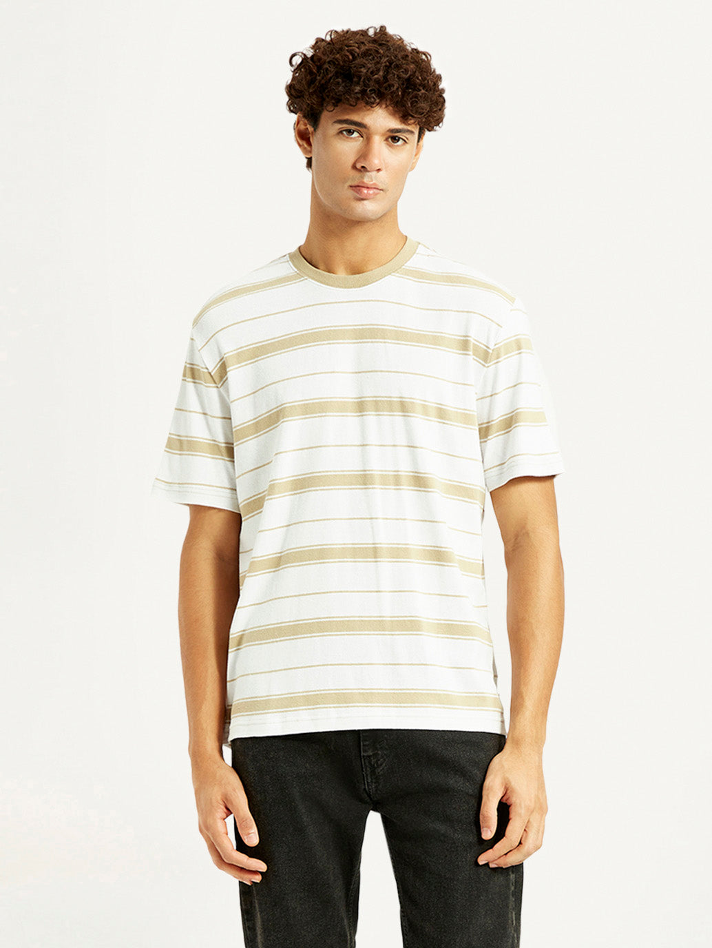 Men's Striped White Crew Neck T-shirt - Front View