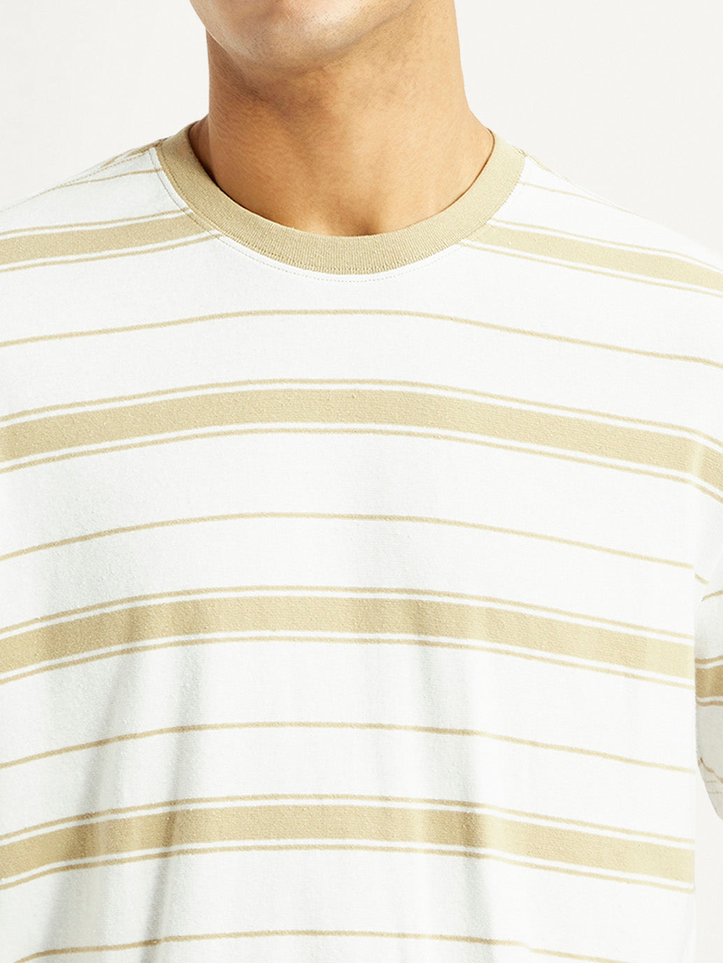 Men's Striped White Crew Neck T-shirt - Detail View