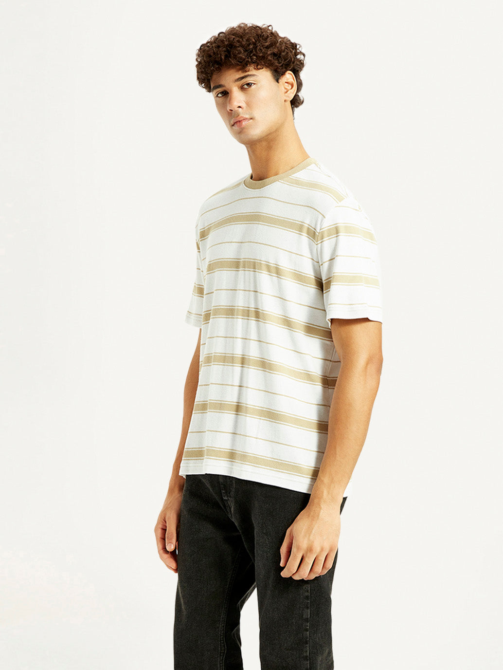 Men's Striped White Crew Neck T-shirt - Side View
