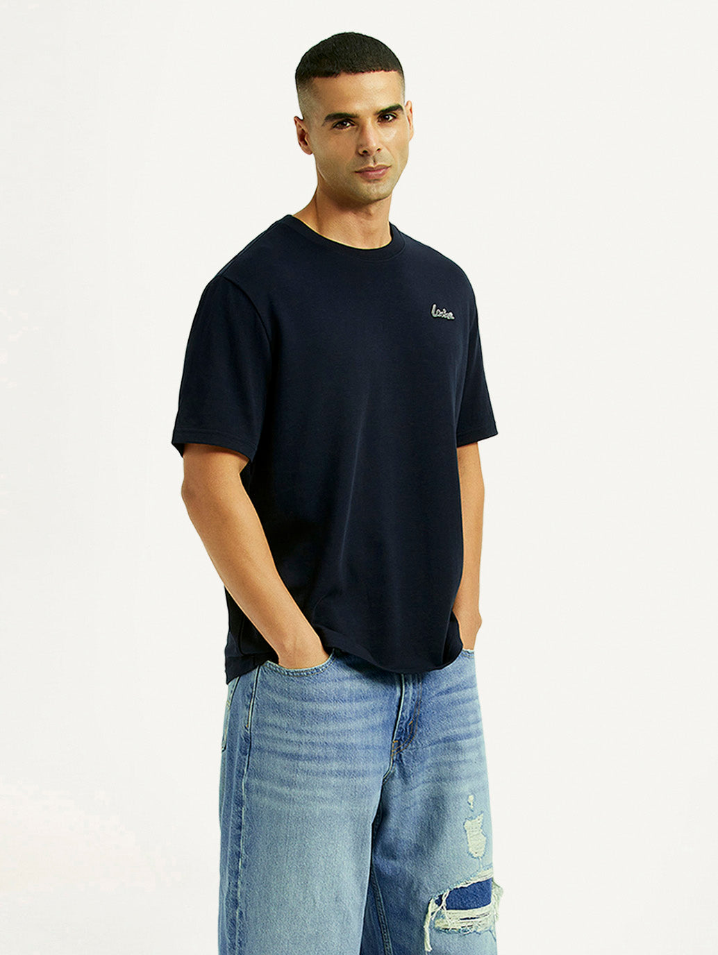 Men's Solid Navy Crew Neck T-shirt - Styleshot View